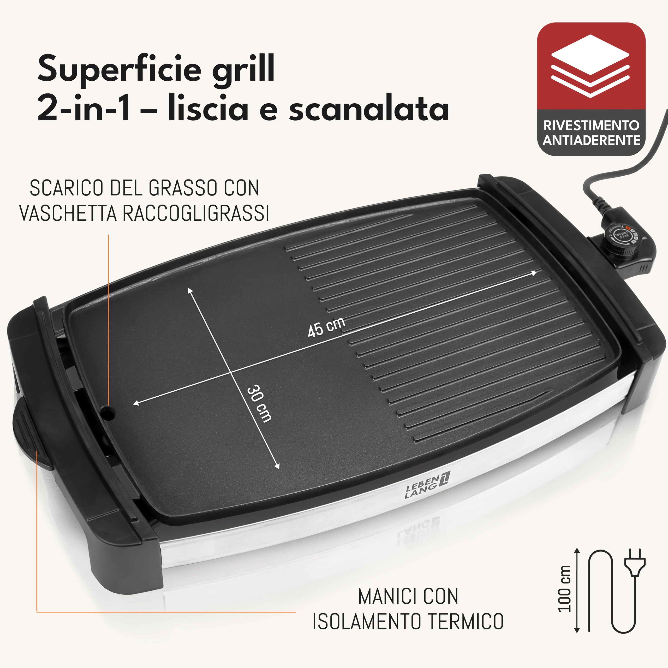 LEBENLANG Griglia Elettrica XXL 2000W - Incl. Pinze Per Barbecue I 45x30cm I Per Uso Interno & Esterno I Bistecchiera Barbecue Grande Grill Elettrico Piastra Per Grigliare Senza Fumo BBQ Da Balcone