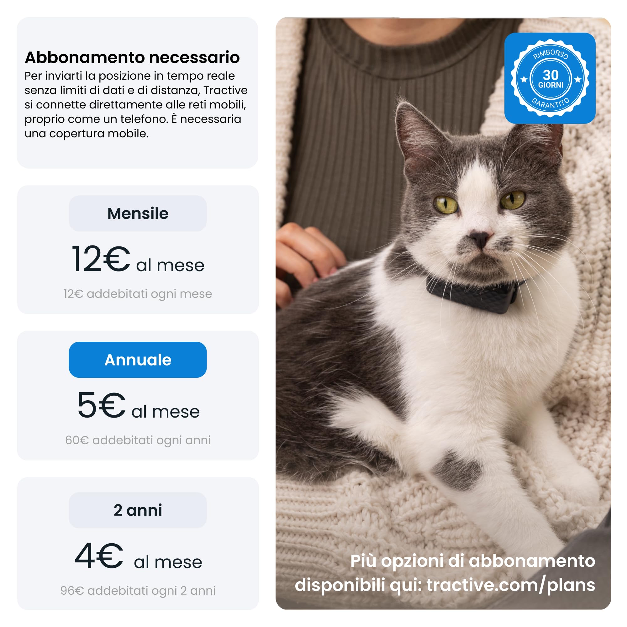 Tractive - GPS gatto modello Mini | N. 1 sul mercato | Localizzazione in tempo reale | Cronologia delle posizioni | Avvisi di salute | Monitoraggio dell'attività | Collare incluso