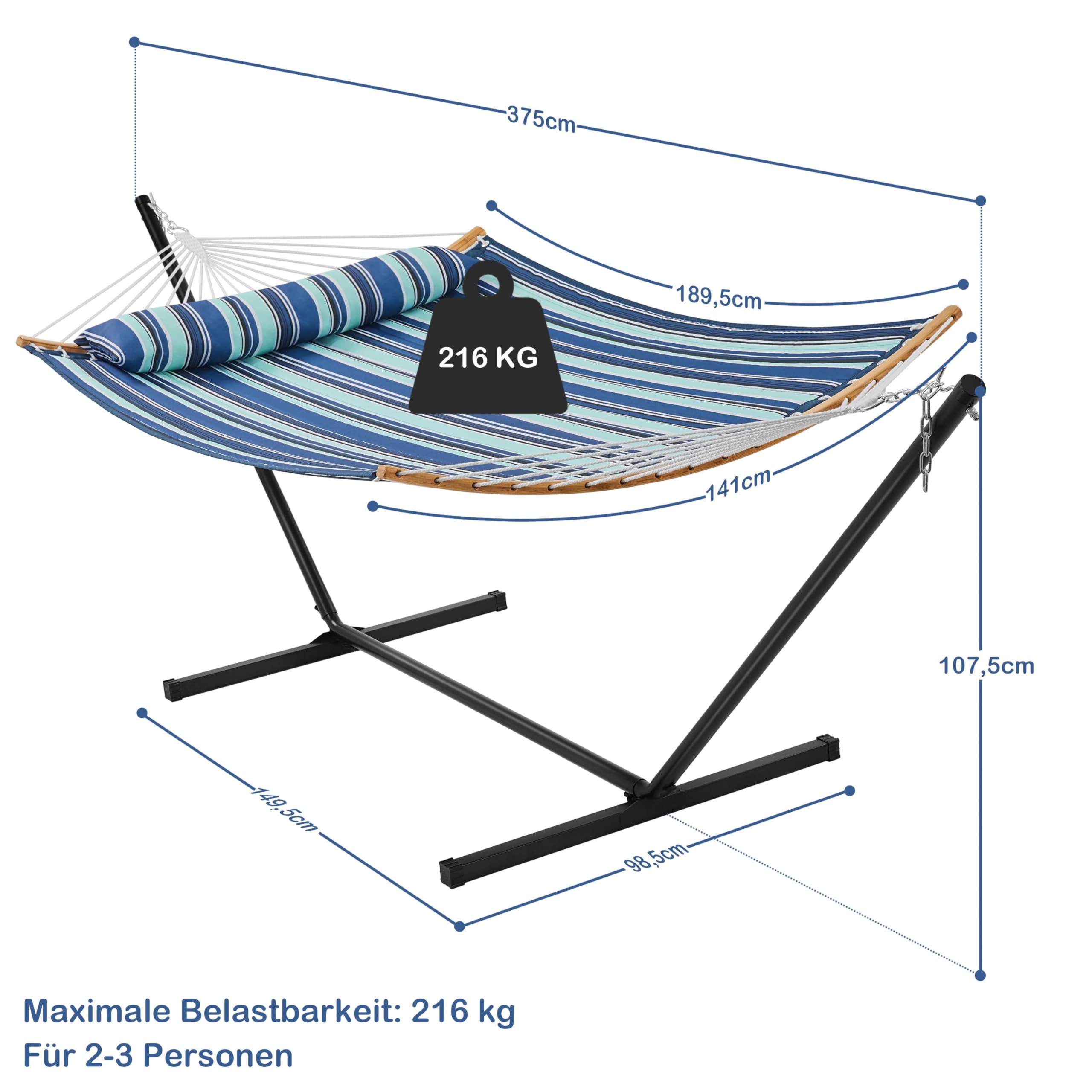 Yaheetech Hängematte mit Gestell & Kissen, XXL Doppelhängematte mit Ständer bis 216 KG Belastbar für 2-3 Personen, Höhenverstellbarer Hammock für Outdoor & Indoor, Blauer Streifen | XXL Doppelhängematte Belastbar für 2-3 Personen, Höhenverstellbarer Hammo