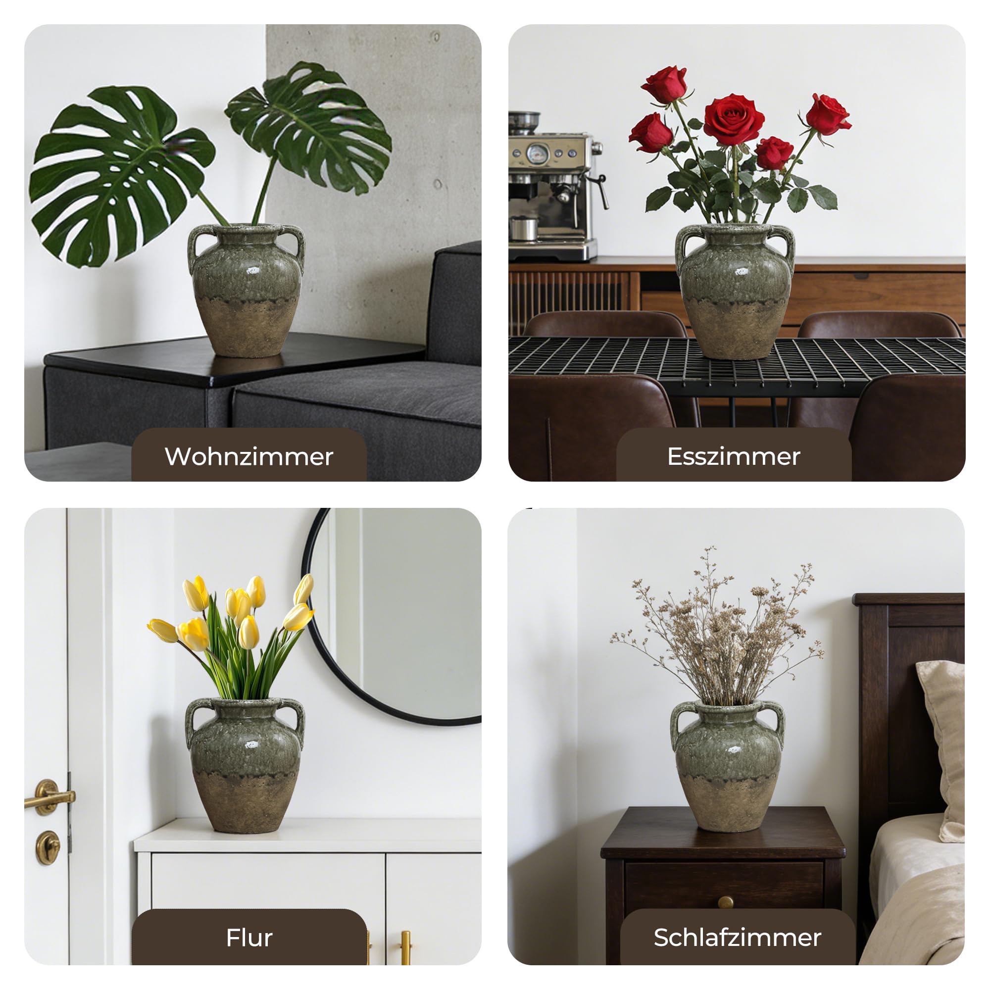 Hometopia Vintage Vase Groß aus Keramik, Zweifarbige Amphore in Moosgrün & Naturstein-Optik, Rustikale Dekovase für Herbstzweige & Trockenblumen, 29cm Höhe