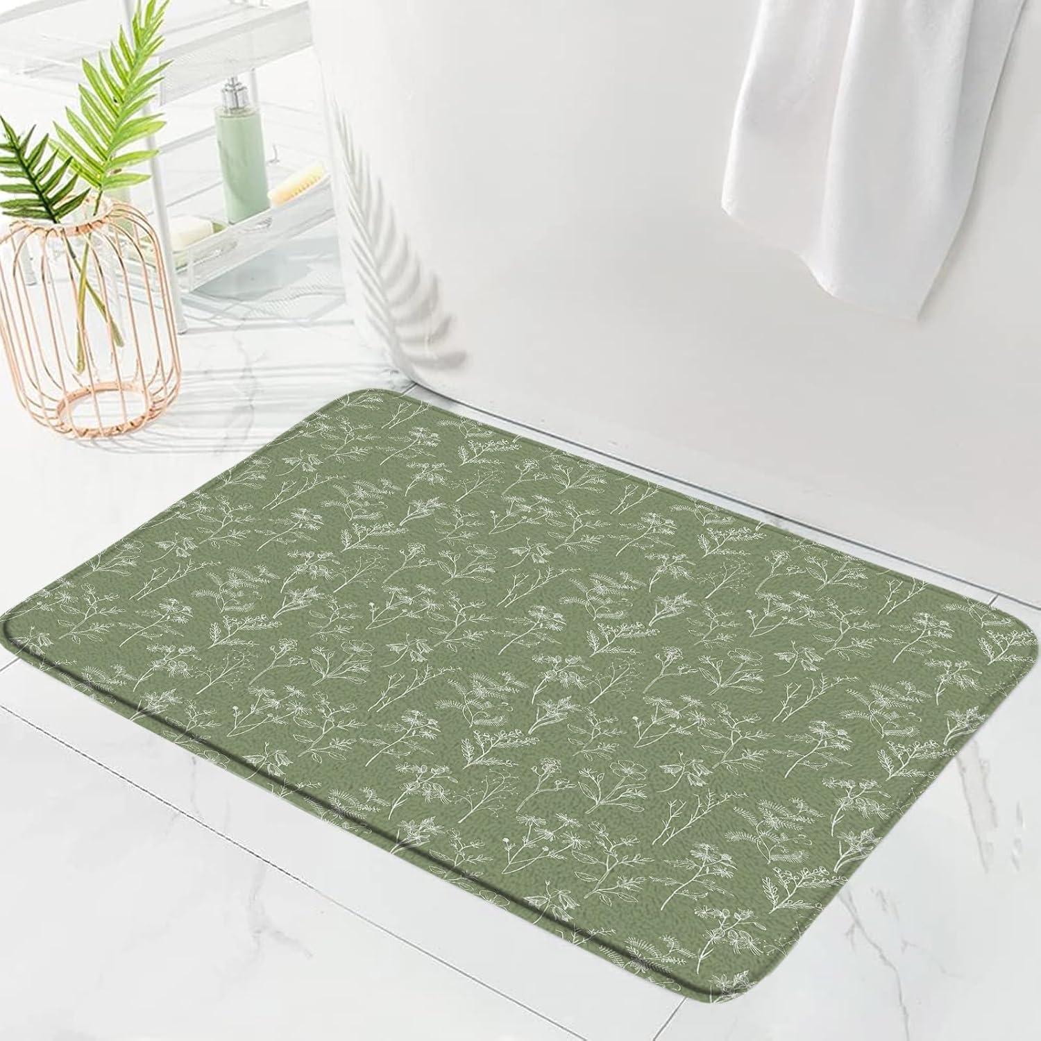 Sunhe Vintage Botanical Bath Mat Sage Green Boho Floral Herbs Retro Leaves and Flowers Rustic Farmhouse Plant Modern Memory Foam Home Office Door Bathroom Decor Mat,24"x60"