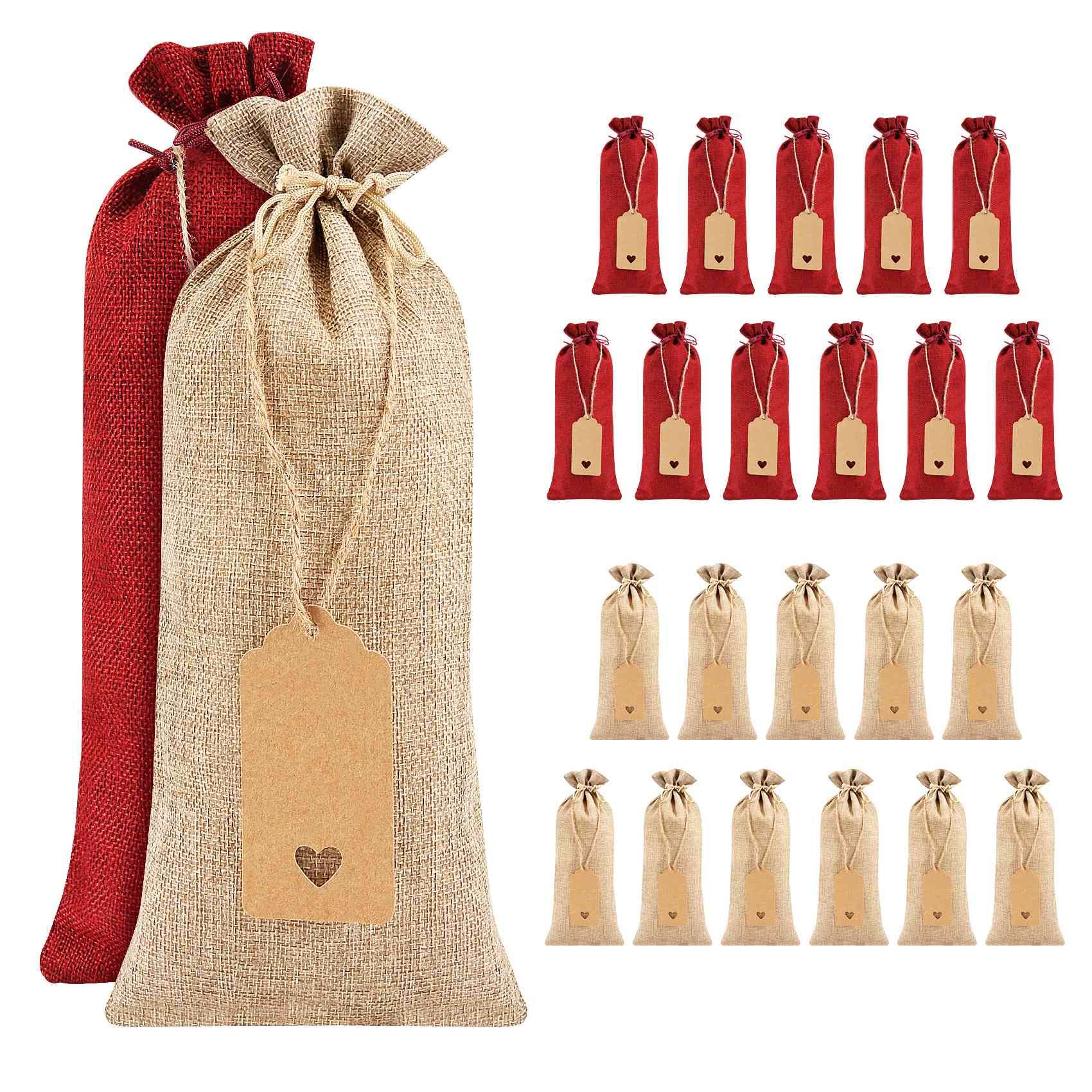 Harewtwy 24 Pcs Burlap Wine Bags Bags,Wine Bottle Bags with Drawstrings,Tags & Ropes,Reusable Wine Bottle Covers