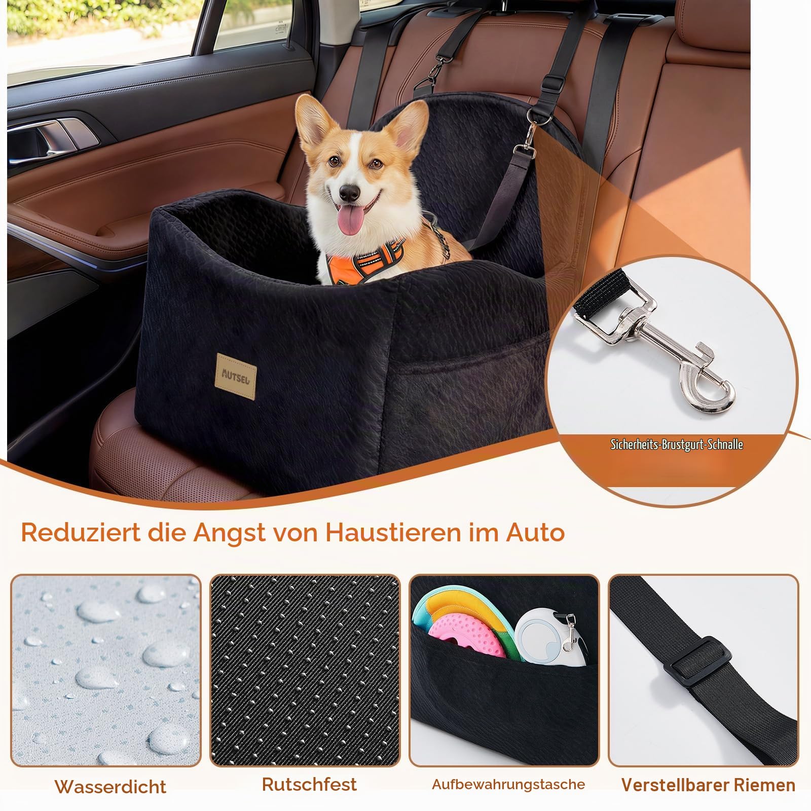 Hunde Autositz für kleine & mittlere Hunde, Wasserfest Hundesitz Auto | waschbarer Autositz Hund mit Sicherheitsgurt & Taschen, rutschfest, erhöhtes Hundebett für Rückbank & Beifahrersitz