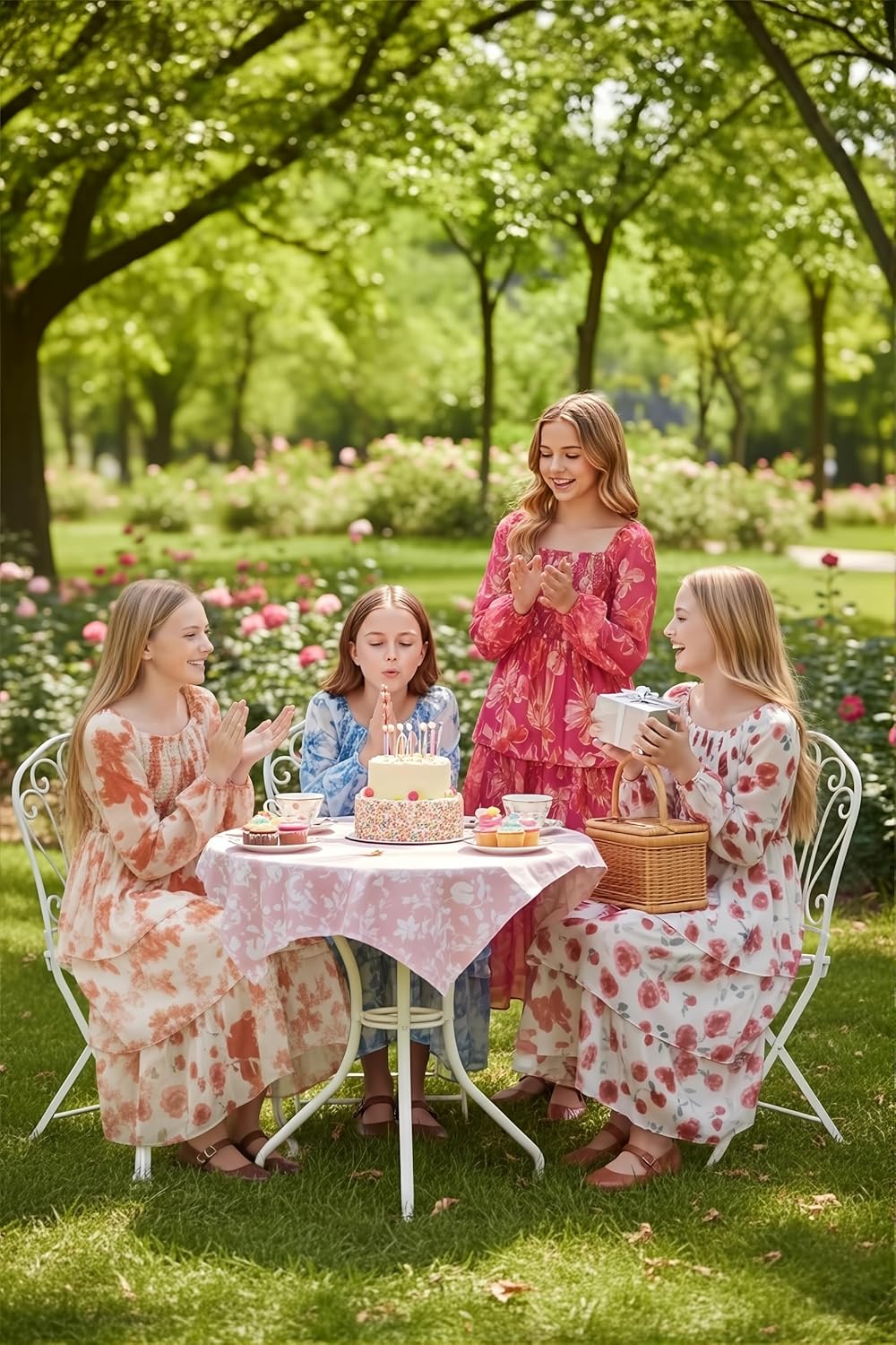 IFFEI Girls Dresses Smocked Long Sleeve Floral Casual Tiered Midi Dresses for Holiday Party 6-15Y - Image 4