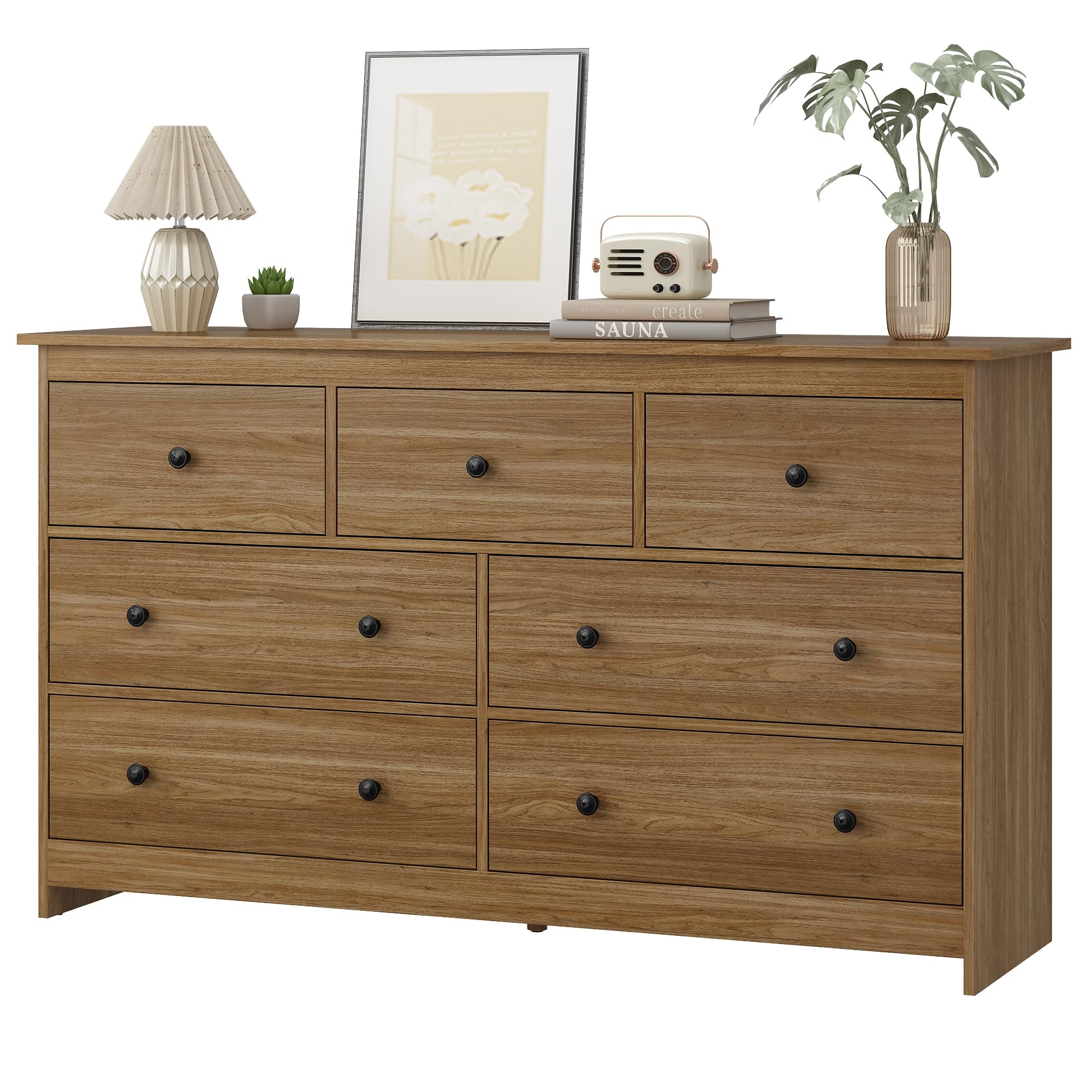 JOZZBY 55" Walnut Dresser for Bedroom, 7 Drawer Wood Large Dresser with Metal Knob, Modern Chests of Deep Drawers Organizer for Home Office, Hallway