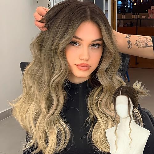 Ombre Blonde Wig 18 Inch Medium Length Wigs for Women Lace Hairline Middle Part Synthetic Hair Wavy Wig with Upgraded Elastic Straps,Natural Hair Wig for Daily Party/Halloween Use 18Inch