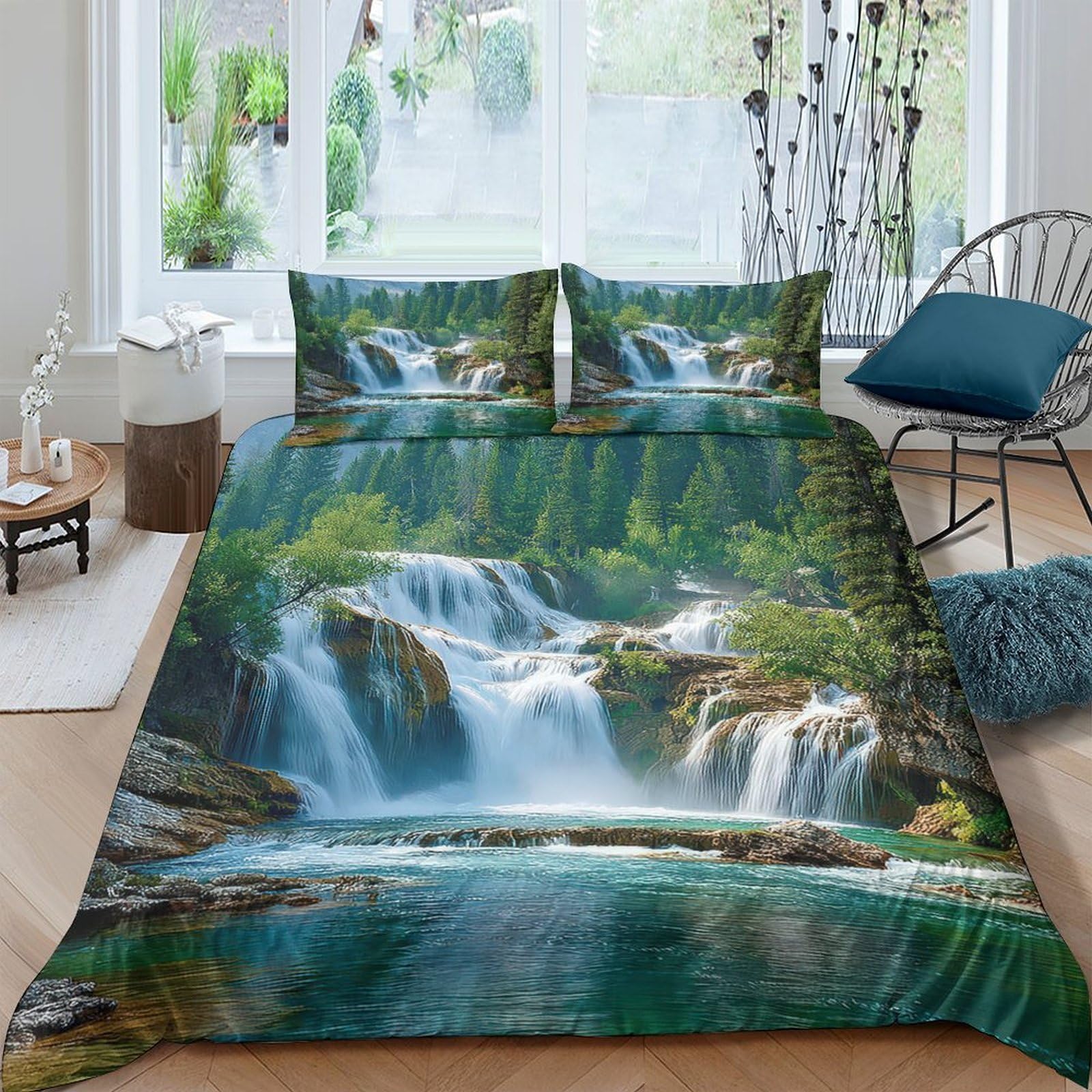 Ctjqhvkz Style-2 3D Printed Waterfall Forest Fitted Sheet Microfiber Soft Breathable Lake Scenery Mattress Cover Bedroom Decor Single（135X200cm）