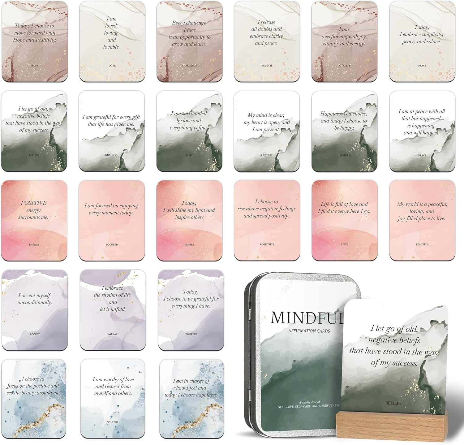 Positive Affirmation Cards for Women – 55 Mindfulness Cards – Mediation Card & Daily Affirmations Card for Women – 3.5’’x2.8’’ Manifestation Card with Display Stand & Metal Box