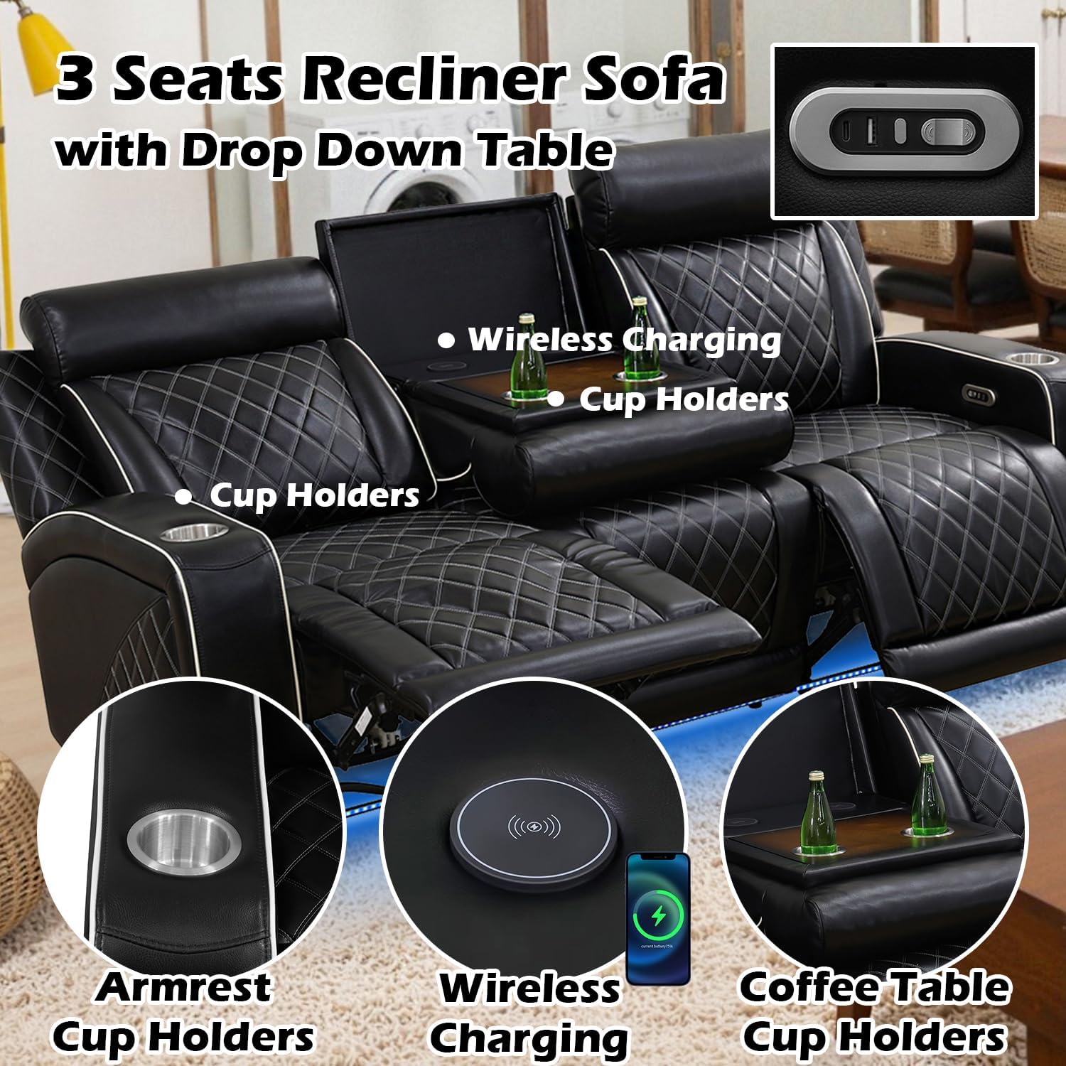 Leather Recliner Couch Set with LED Lights，Black Power Reclining Sofa and Loveseat Set with USB Charging，Reclining Couch Set with Cup Holders for Living Room Home Theater（Sofa+Loveseat）