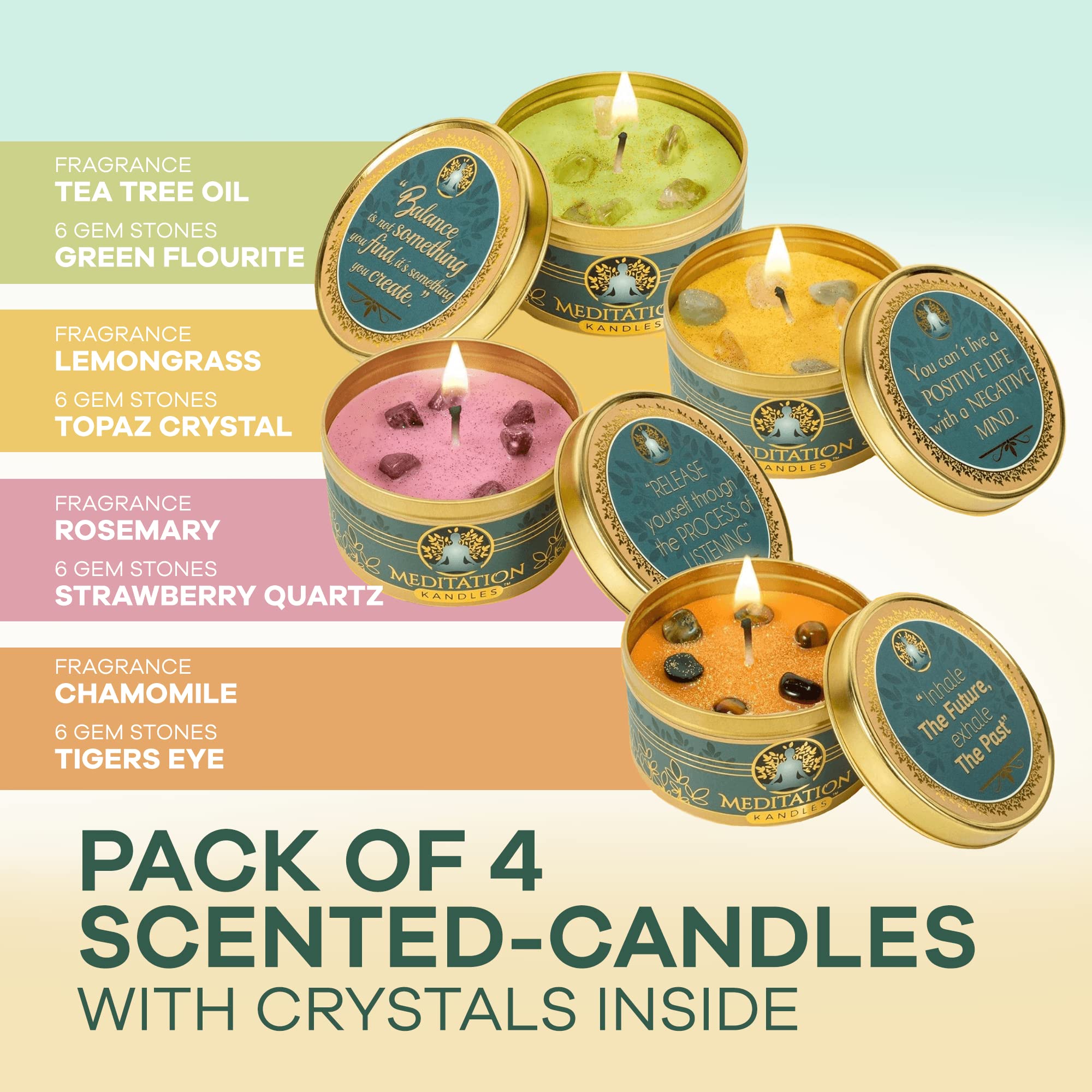 Meditationskerzen mit Kristallen | Natürliche Aromatherapie-Kerzen zur Entspannung & Heilung | Stressabbau-Kerzen für Yoga, Meditation & Selbstpflege | 4er-Pack Geschenkset