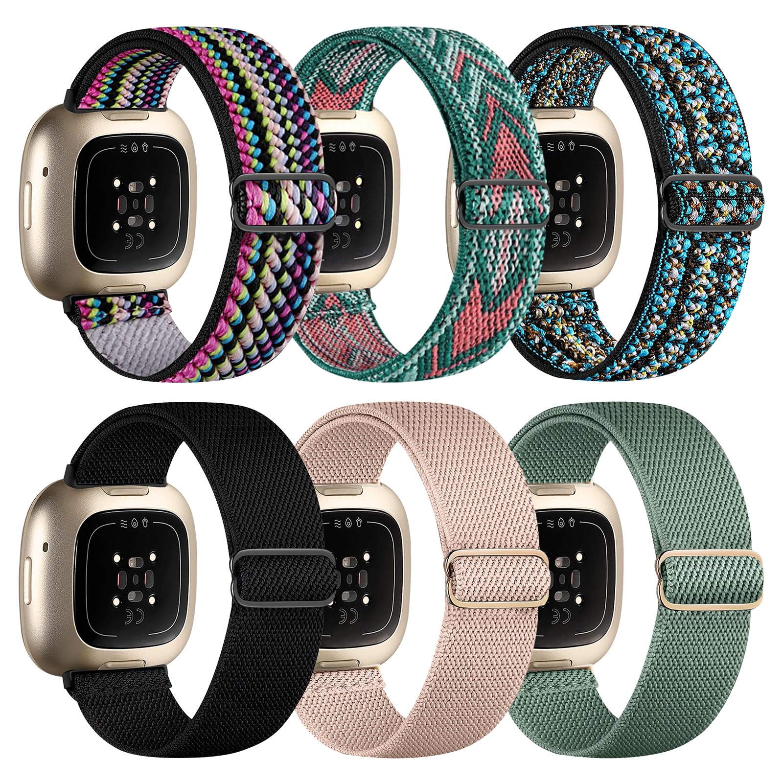 Chinbersky 6 Pack Armband Kompatibel mit Fitbit Versa 3 Armband/Fitbit Versa 4 Armband/Fitbit Sense Armband Damen Herren, Verstellbares Dehnen Nylon Sport band für Fitbit Versa 4/Versa 3/Sense 2/Sense