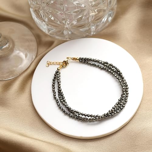 Miniatura 6 de Gempires Pyrite 3 Layered Beaded Bracelet, Faceted Beads, Birthstone Healing Crystals, Gift for Her, 14k Gold Plated Jewelry for Women, 8 inch