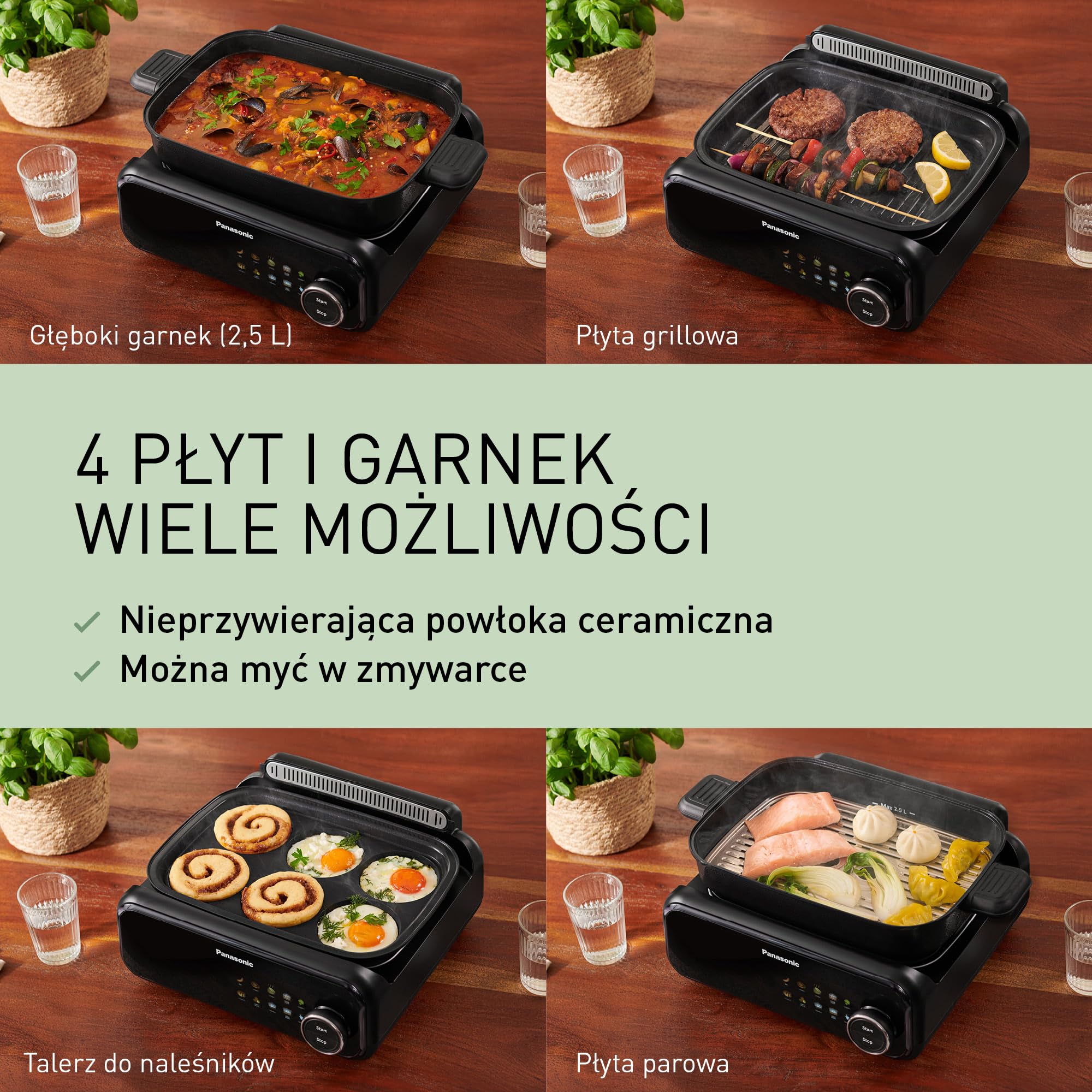 Panasonic NF-GM400KXE Garnek Elektryczny Multicooker 4 w 1, 1400 W, 40-250°C, 9 trybów automatycznych, 4 płyt,system odprowadzania dymu,tace nadające się do mycia w zmywarce, przewód 2.5 m, czarny