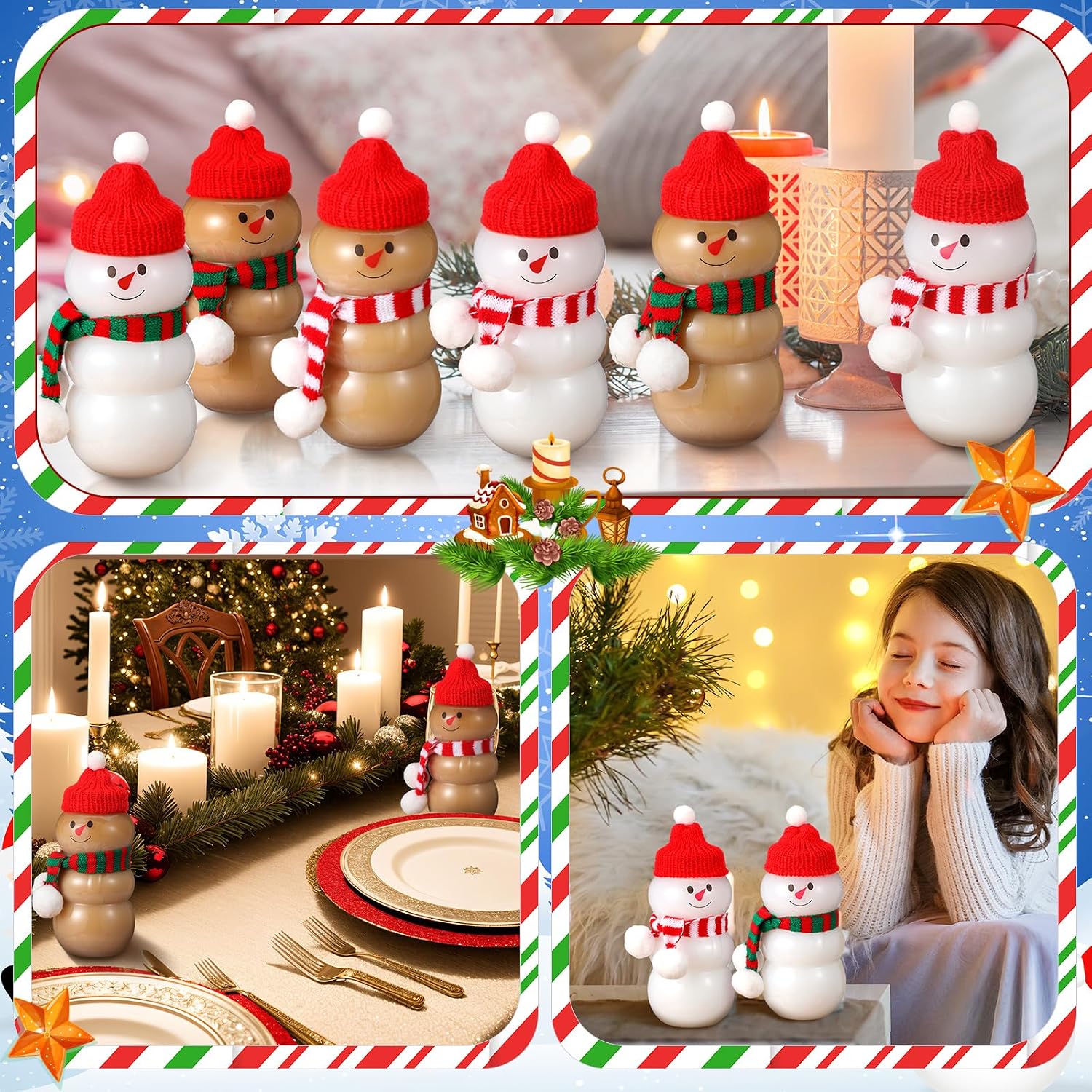 Vesici 12 Pack Christmas Snowman Juice Bottle with Hat and Scarves Snowman Shaped Reusable Water Bottles with Lids Empty Milk Beverage Bottle Juicing Drink Containers for Xmas Party Supplies