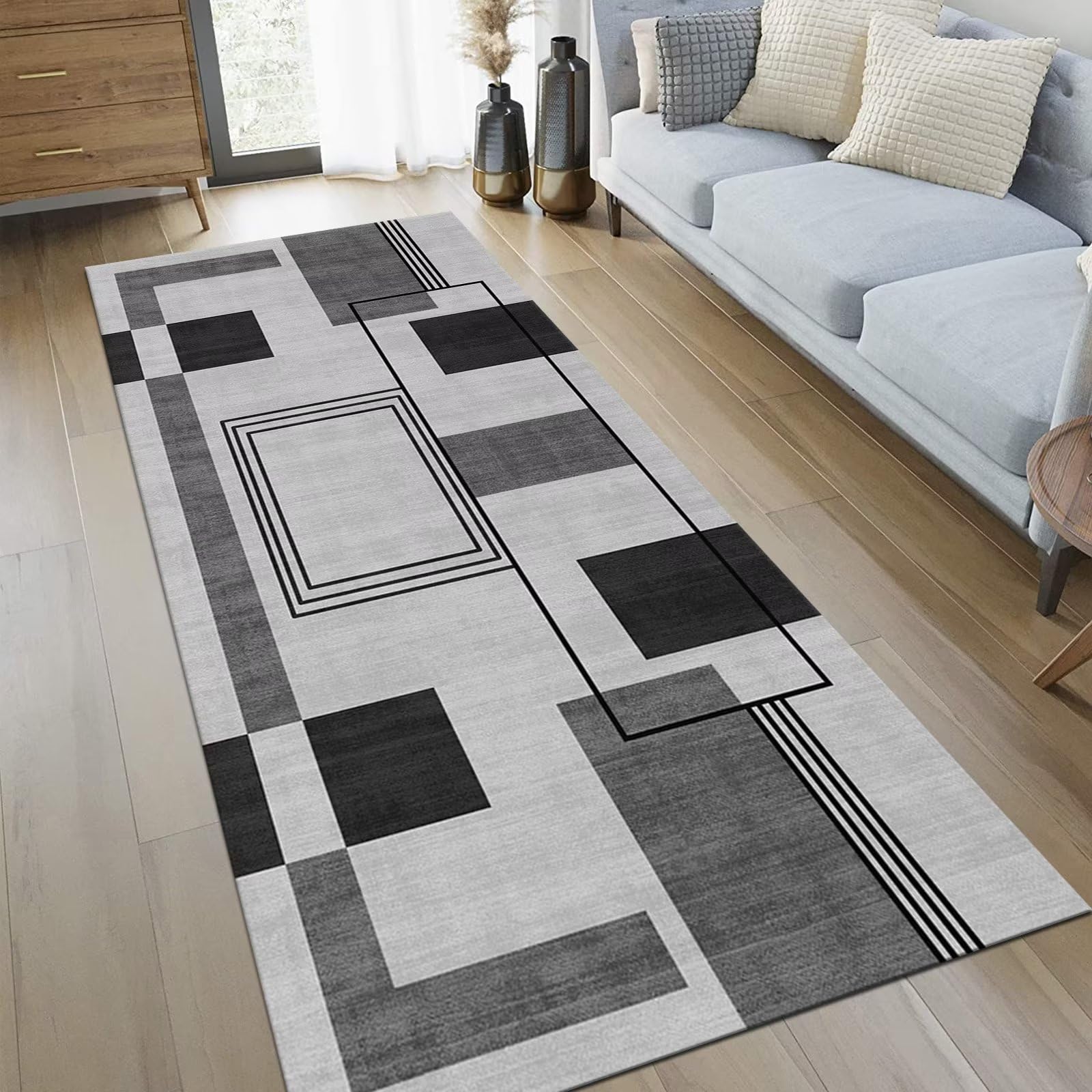 Antypoślizgowy szary czarny chodnik dywan 40 x 300 cm - do kuchni, przedpokoju, salonu, biura, drewniany ochraniacz podłogi, dywan do przedpokoju i sypialni, stylowy nowoczesny design