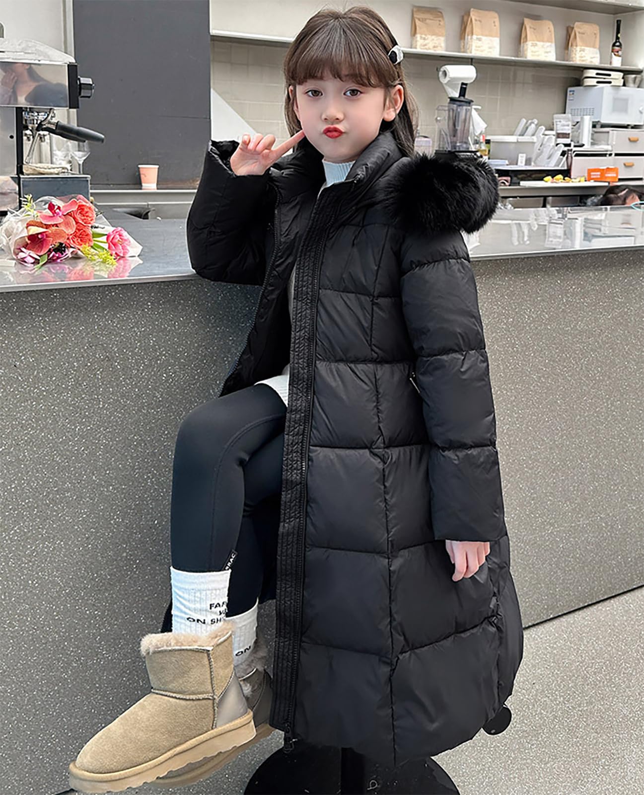 Cappotto invernale per bambini, in velluto, morbido, caldo, con cappuccio in pelliccia, con zip, tasche