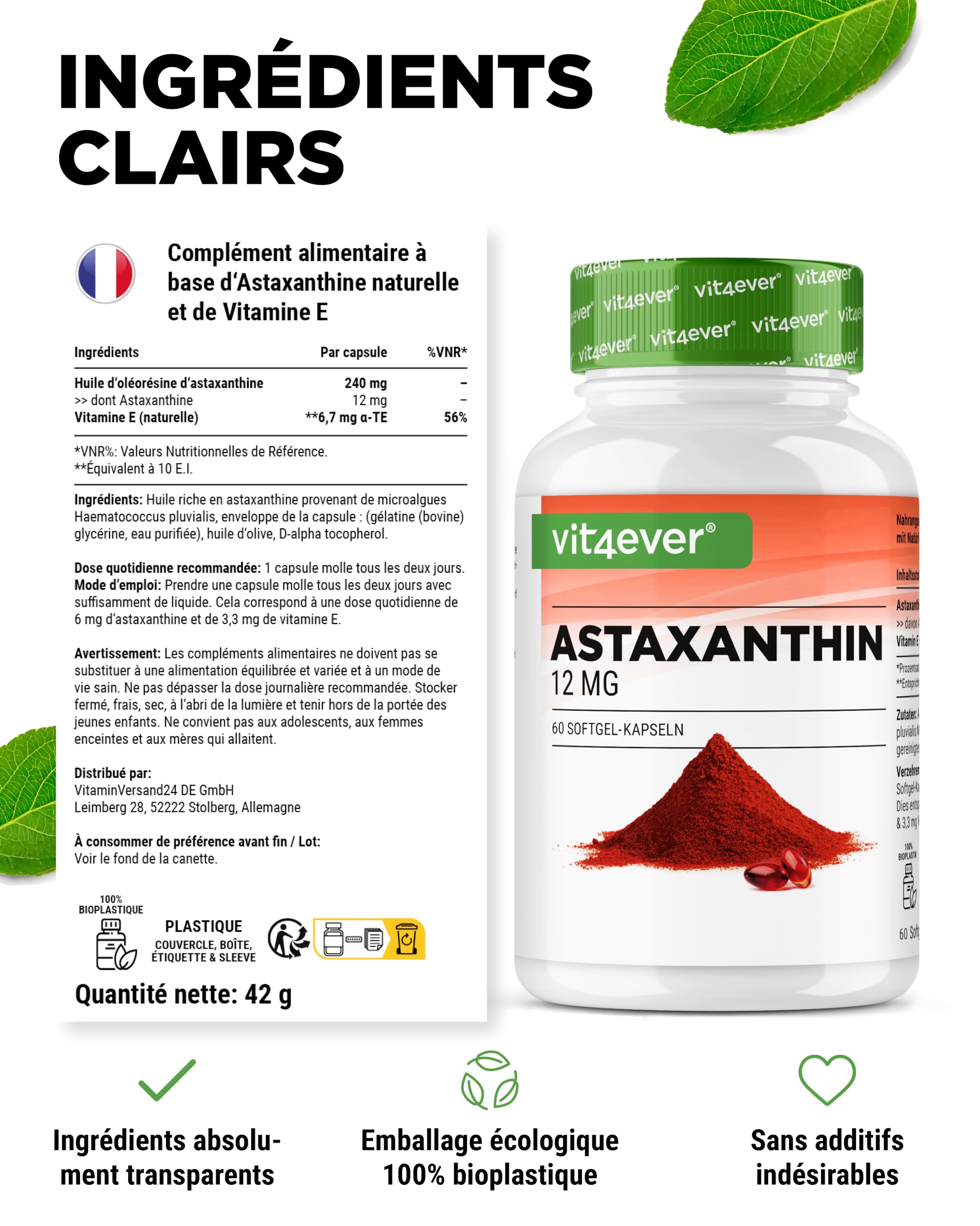 Astaxanthine 12 mg Depot - 60 Capsules Softgel - A Partir de Microalgues Haematococcus Pluvialis Pures - Biodisponibilité Optimisée avec de la Vitamine E et de l'Huile d'Olive