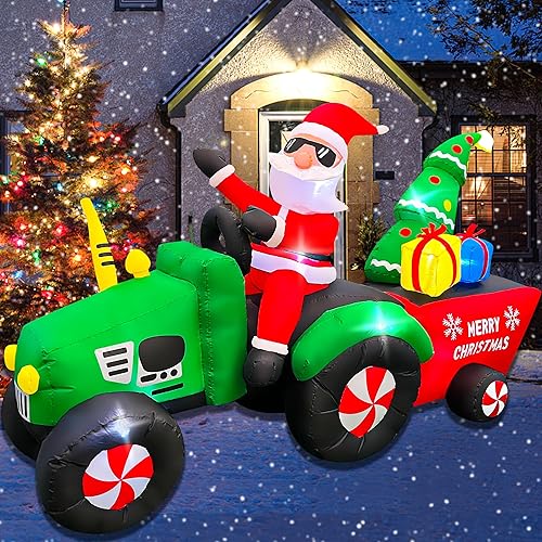 BLOWOUT FUN Inflables de Navidad, Papá Noel de 7 pies conduciendo un tractor con regalos y árbol de Navidad, decoración de Navidad inflable con