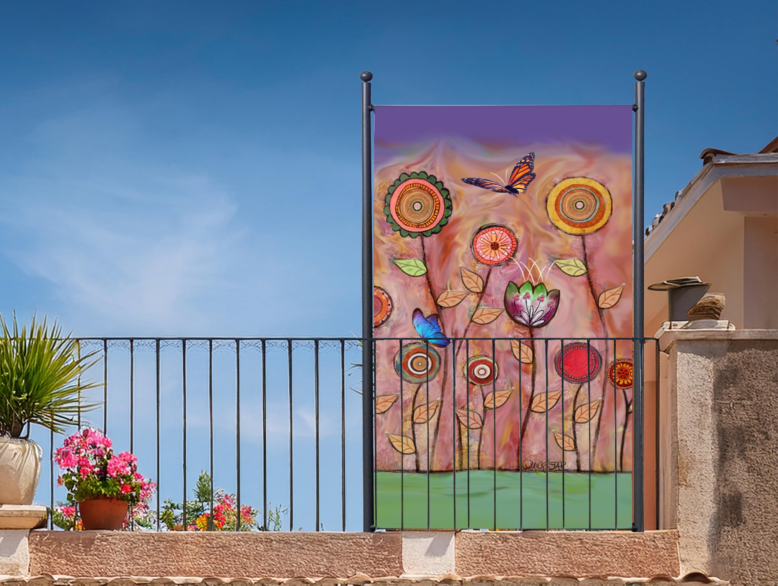 QUICK STAR Paravent Outdoor Wetterfest 180 x 78 cm Retro Flowers | Raumteiler Stellwand Innen | Garten & Balkon Sichtschutz Blickdicht