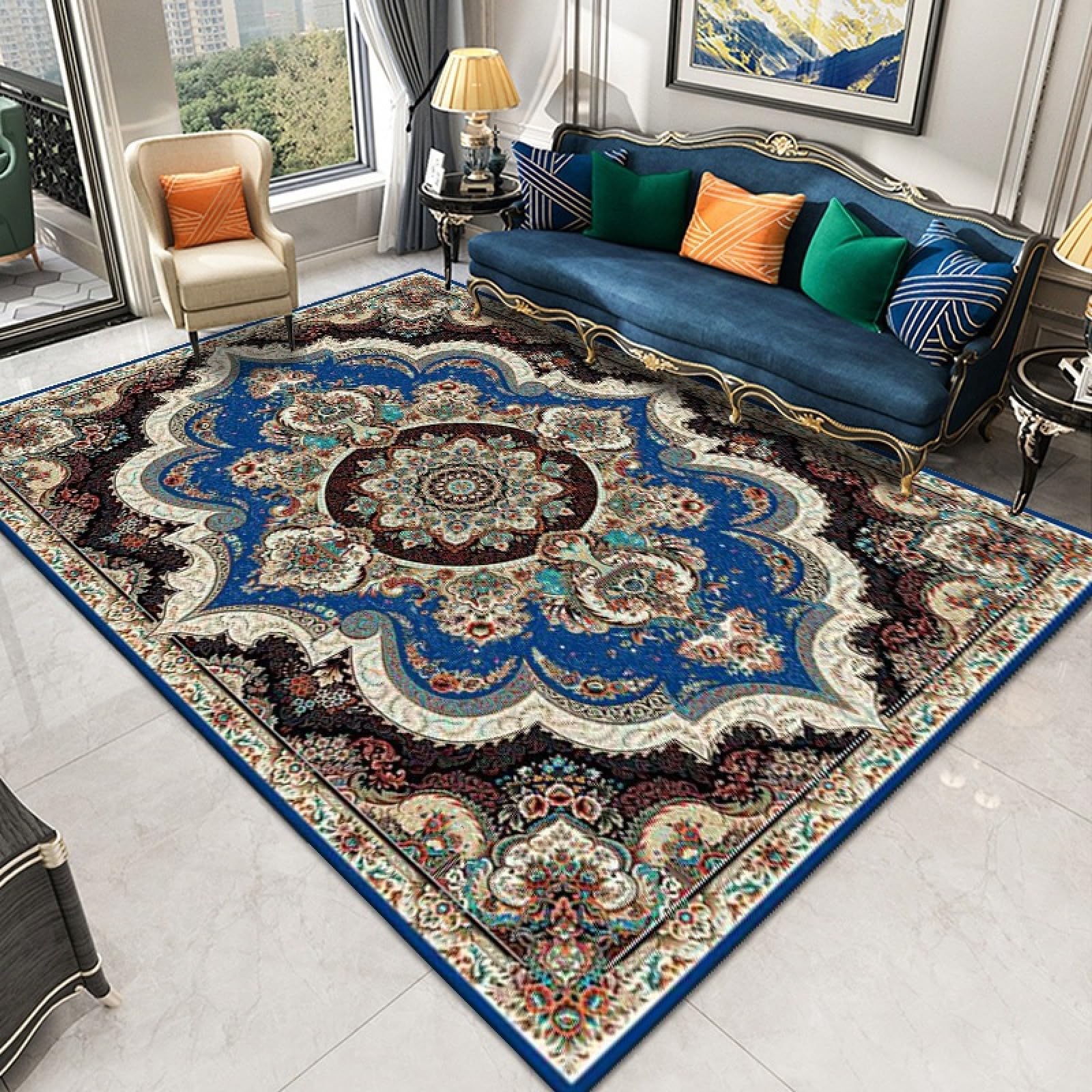 Tapis salon couloir antidérapant bleu ciel noir et grand paillasson polyester