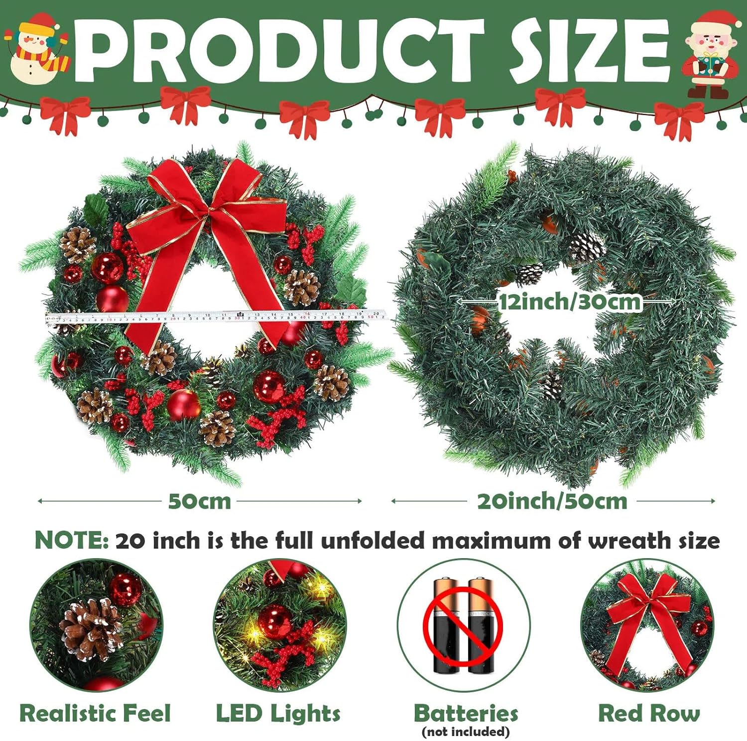 Suncalla 2 Pcs 20 Inch Pre Lit Christmas Wreath for Front Door Norfolk Artificial Xmas Wreath with Lights Bow for Christmas Party Outdoor Decor (Classic Bow)