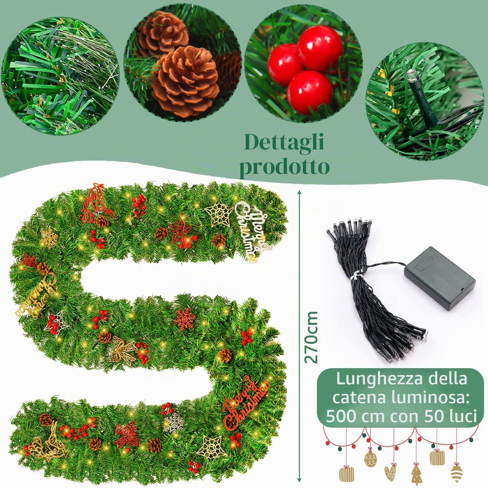 Ghirlanda Natalizia con Luci,2.7M LED Ghirlanda Natalizia per Porta Scale Camino Albero Di Natale Esterno Decorazioni,Festone Natalizio Rami Natalizi Decorazioni Natalizie per la Casa Interno