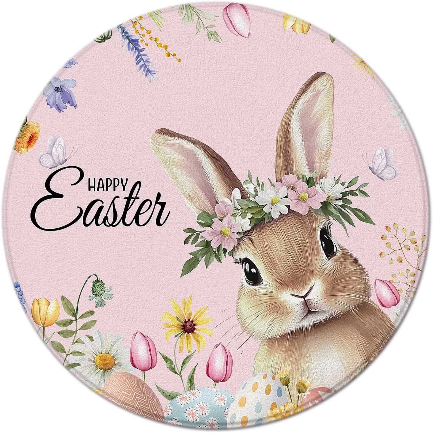 Happy Easter Round Area Rug Spring Bunny Cute Rabbits Eggs Watercolor Floral for Bedroom Living Room Home Decor (4' Round)