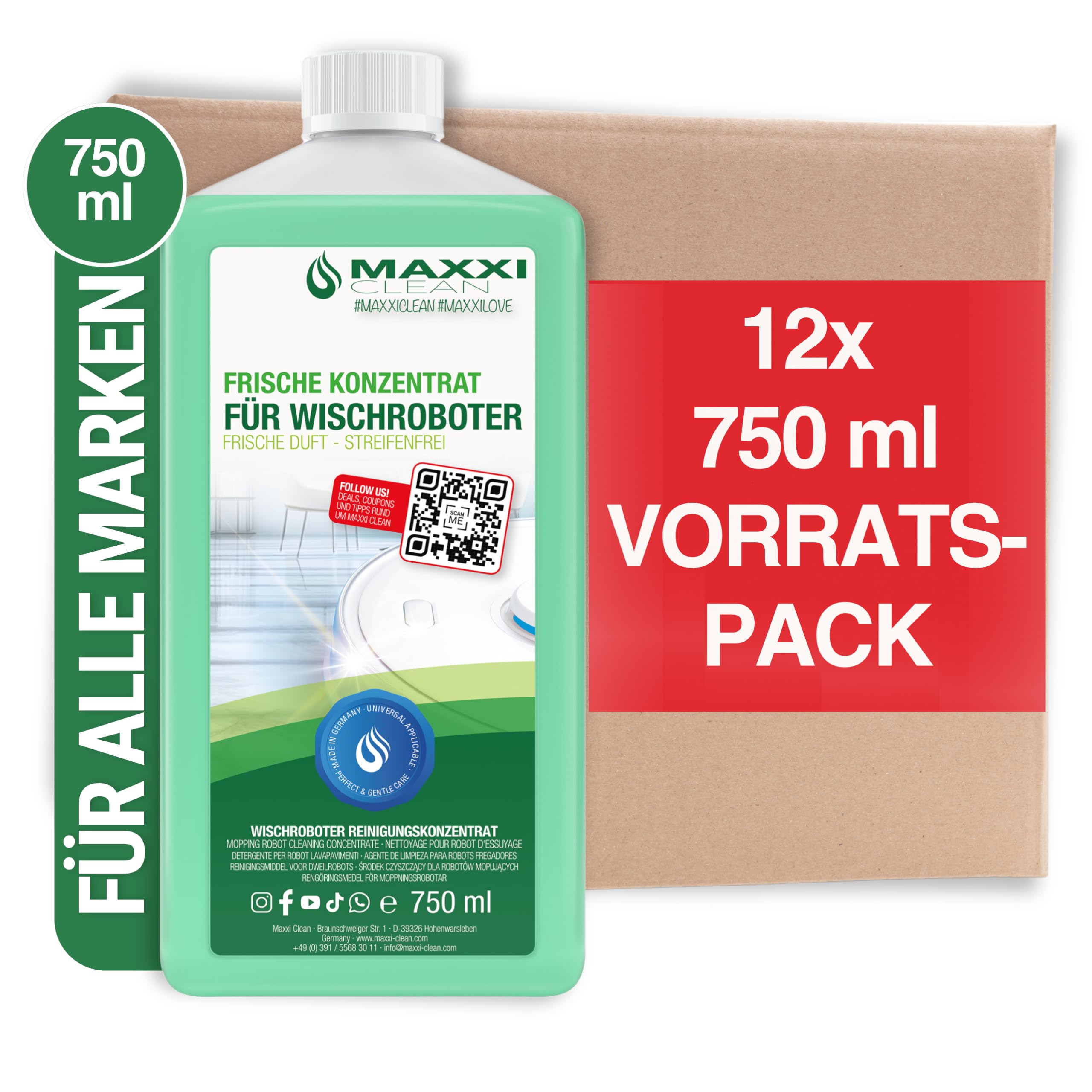 Maxxi Clean | 12 x 750 ml środek do czyszczenia podłóg o zapachu świeżości | nadaje się do wszystkich robotów myjących | uniwersalny koncentrat | płyn do czyszczenia podłóg, parkietu, płytek | środek