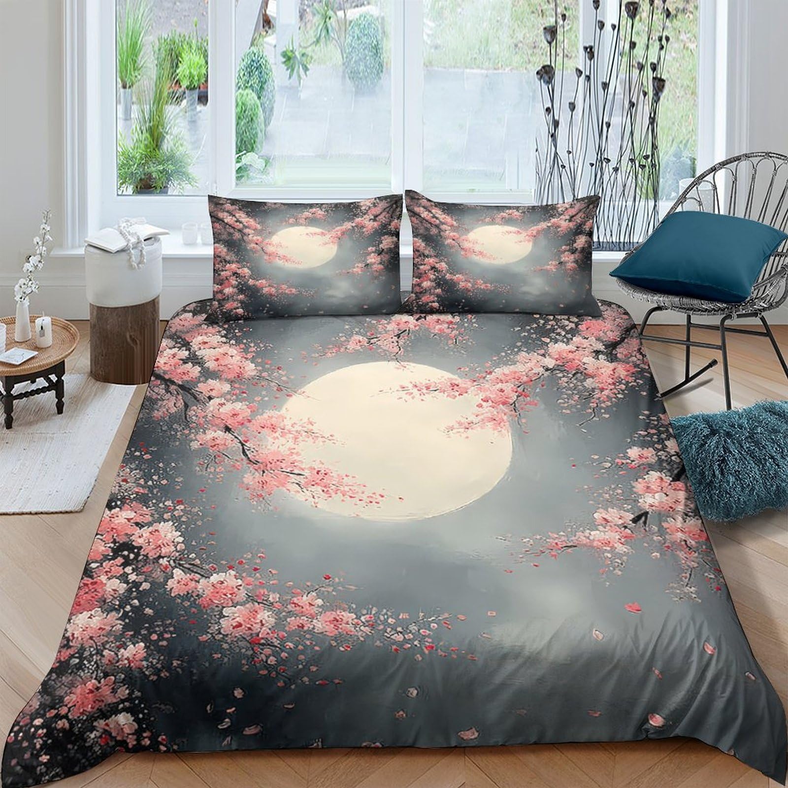 Ctjqhvkz Style-1 3D Printed Full Moon Sakura Fitted Sheet Microfiber Soft Non-Slip Bed Cover For Bedroom Guest Room Decor Single（135X200cm）
