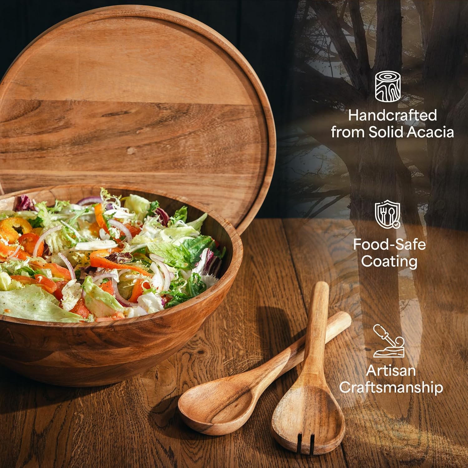 Public House Large Wooden Salad Bowl Set 12.5 Inch with Serving Utensils, Tray Lid and Carry Strap. Acacia Wood Large Salad Bowls Ideal for Fruits and Dishes, Wooden Bowls for Food, Serving Bowl - Image 6