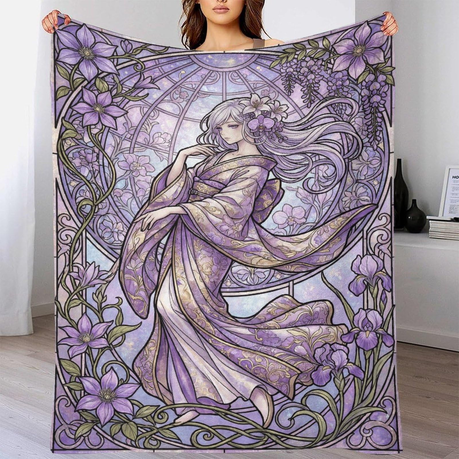 W7C8U2X3 Art Nouveau Mucha Anime Flannel Throw Blanket, Bedroom Sofa Couch