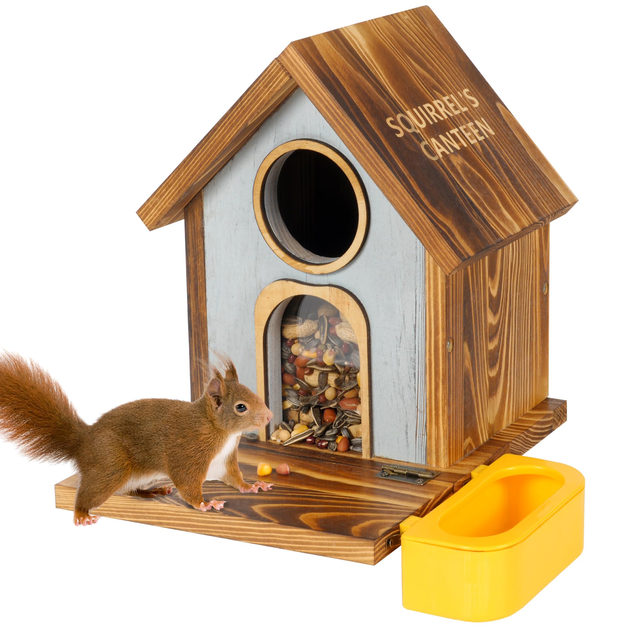 MIXXIDEA Eichhörnchen-Futterstation aus Holz mit Wasserschale, große Kapazität, Eichhörnchen-Futterspender für draußen, stabile Konstruktion, keine Montage, schöne Streifenhörnchen-Futterstation für