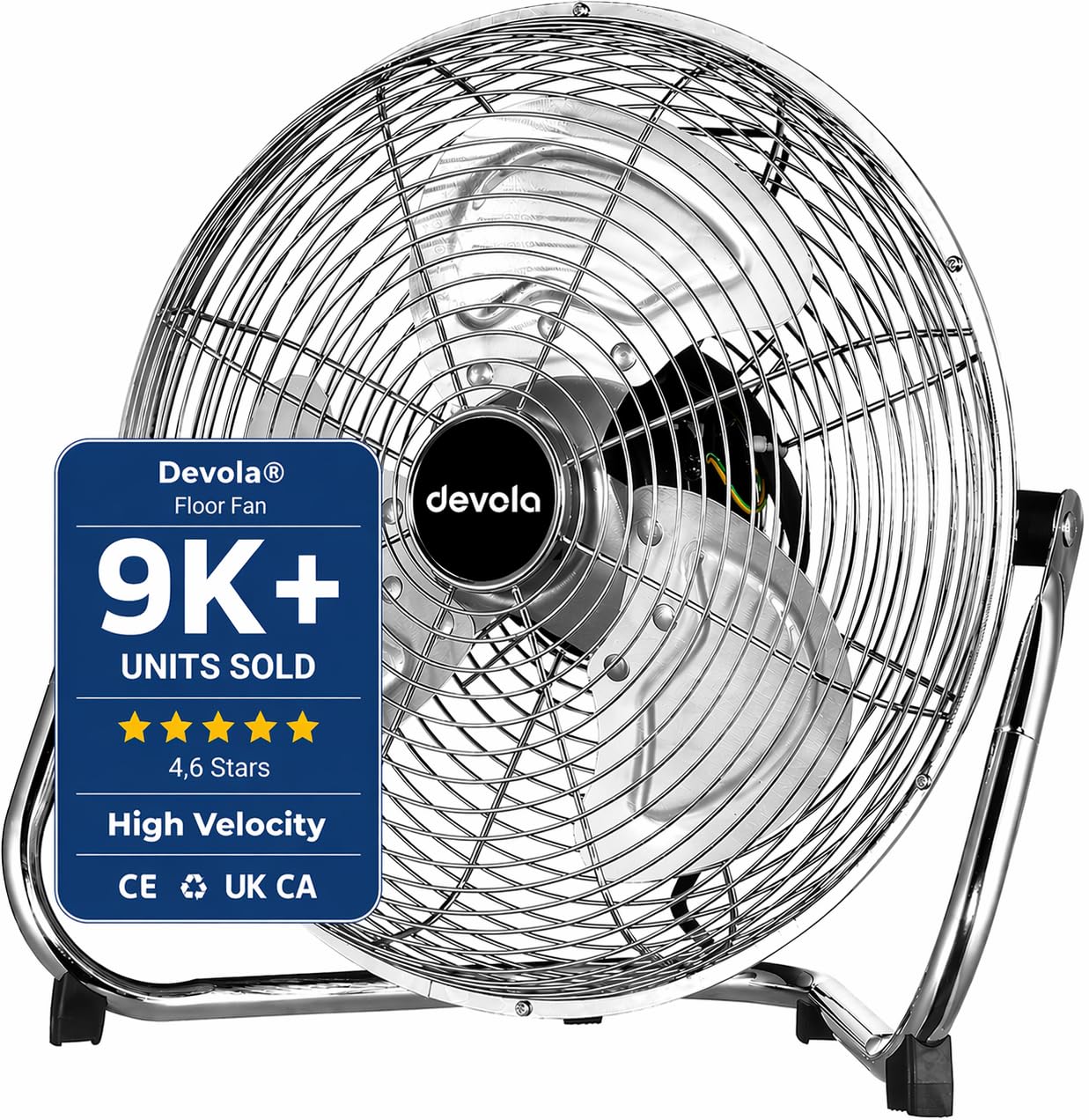 Devola High Velocity Floor Fan 20 Inch, Portable Powerful Industrial Fan for Home, Gym, Office & Warehouse, High Powered Cooling, 3 Speeds, Adjustable Head, Cord Storage Bracket, Chrome, DV20FFC