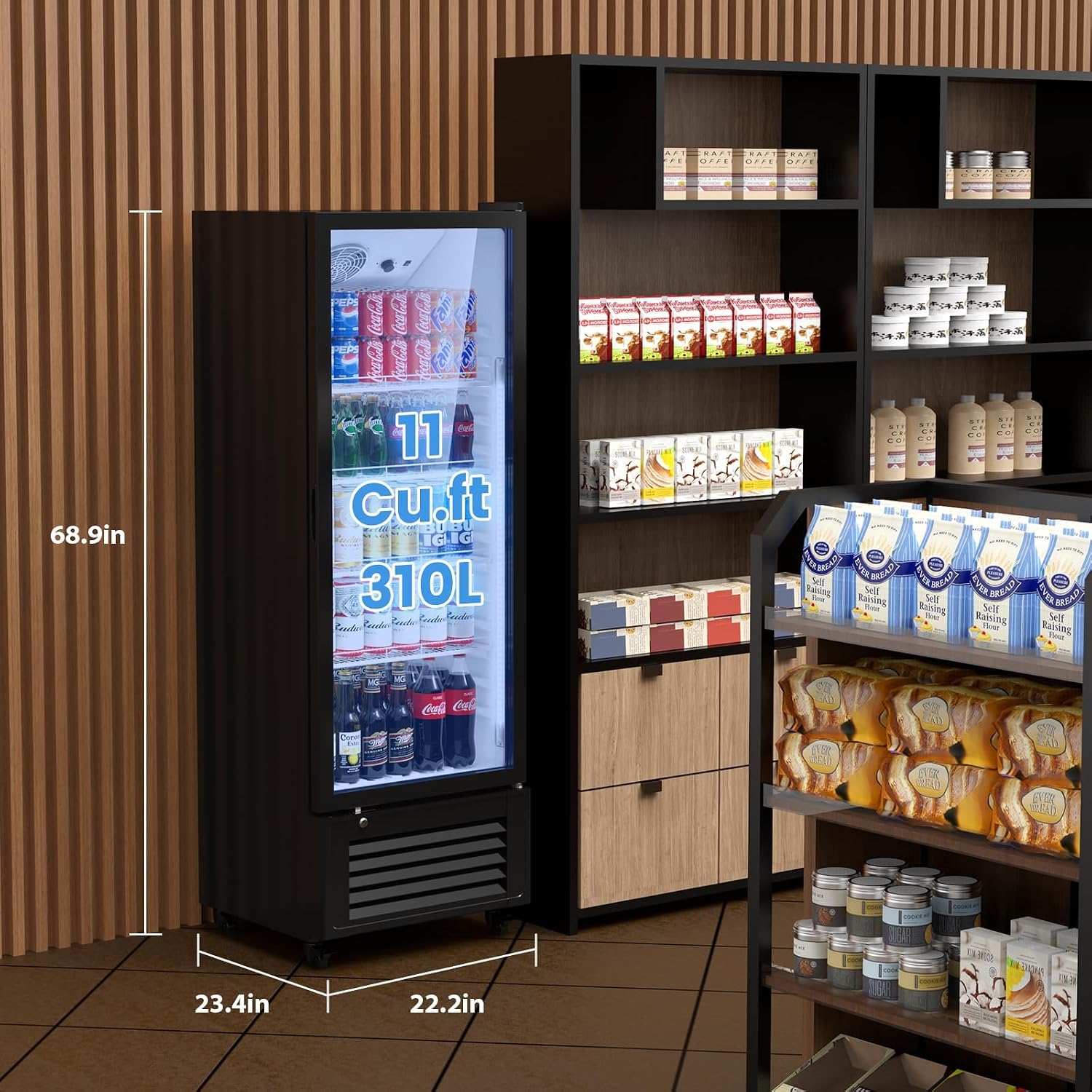 Mojgar 11 Cu Ft Commercial Refrigerators Single Door,Glass Door Merchandiser Display Beverage Fridge with Built-in LED Light,1.64kwh/24h Retail Cooler for Shop,Restaurant,Apartment,etc