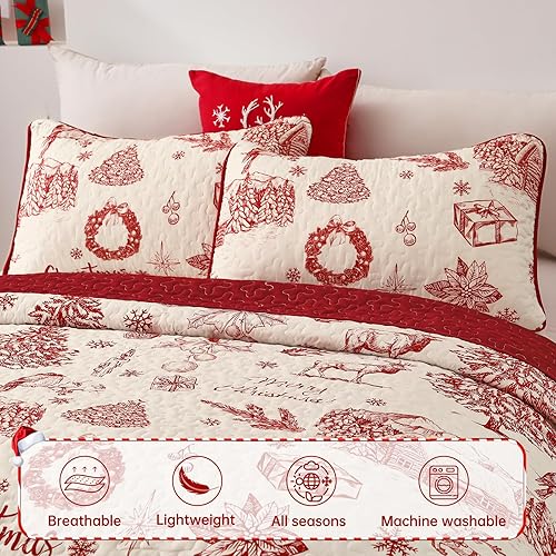 Miniatura 5 de DJY Juego de edredón de Navidad tamaño King, juego de colcha de rayas verdes bohemias, suave, ligero, festivo, Año Nuevo, juego de ropa de cama de 3