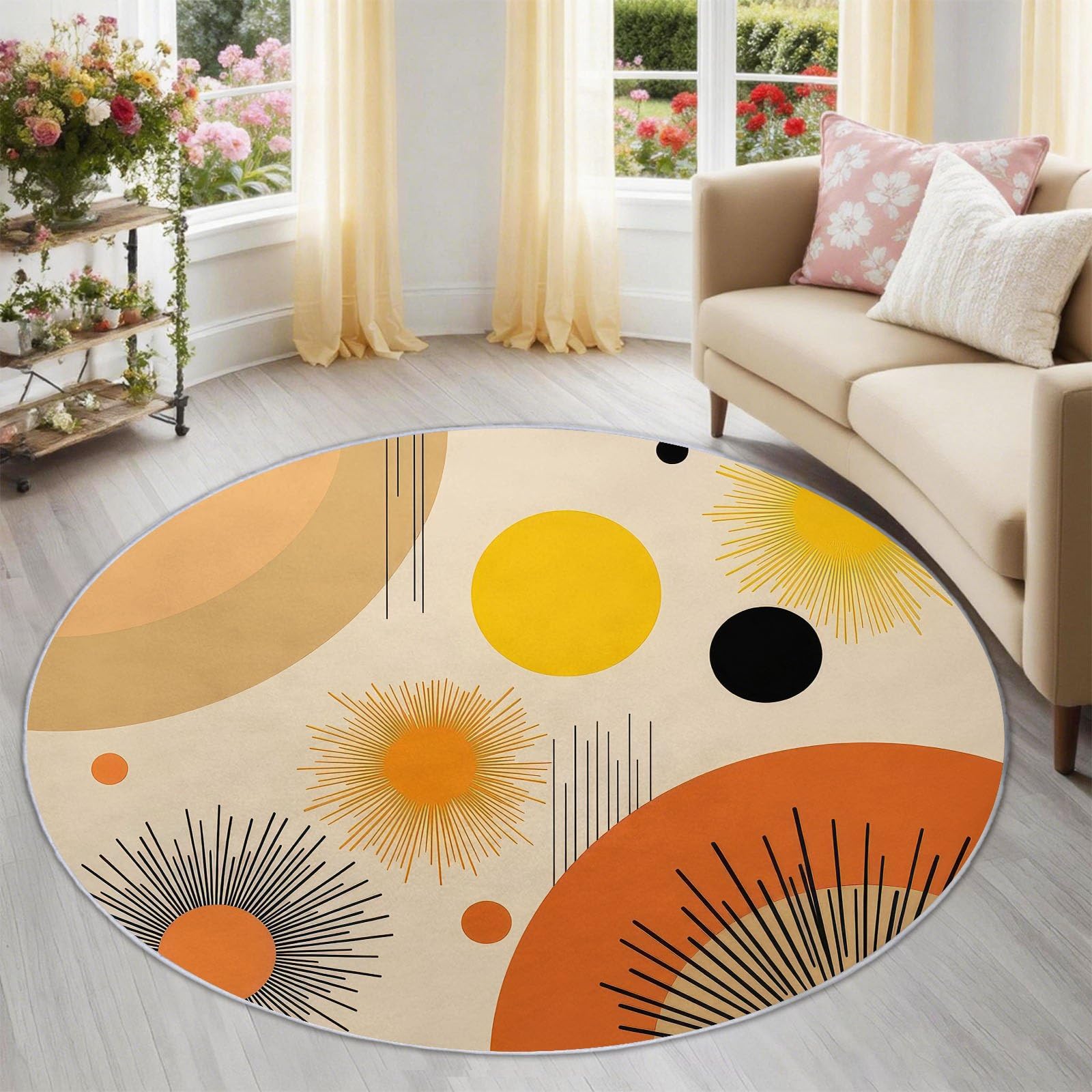 Tappeto rotondo moderno stile retrò metà secolo lavabile cerchio linea sole geometrico morbido tappeto in finta lana, 200 cm antiscivolo tappeto rotondo ideale per soggiorno, camera da letto, studio