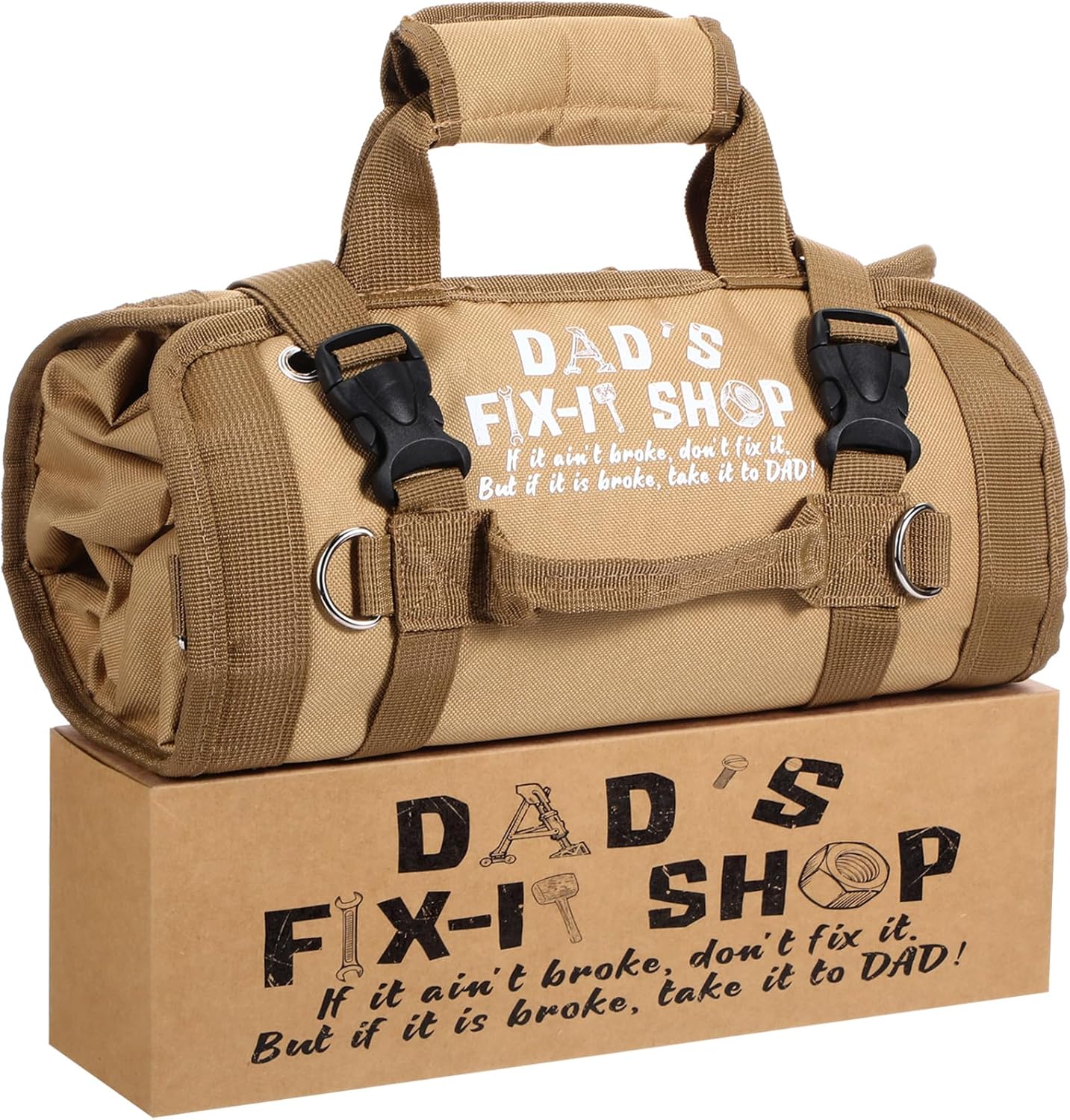 Sweetude Roll up Tool Bag and Kraft Paper Box Set for Dad Christmas Gifts Heavy Duty Portable Tool Bag with Shoulder Strap and 2 Detachable Pockets Survival Kit Mens Gifts for Him(Gray)