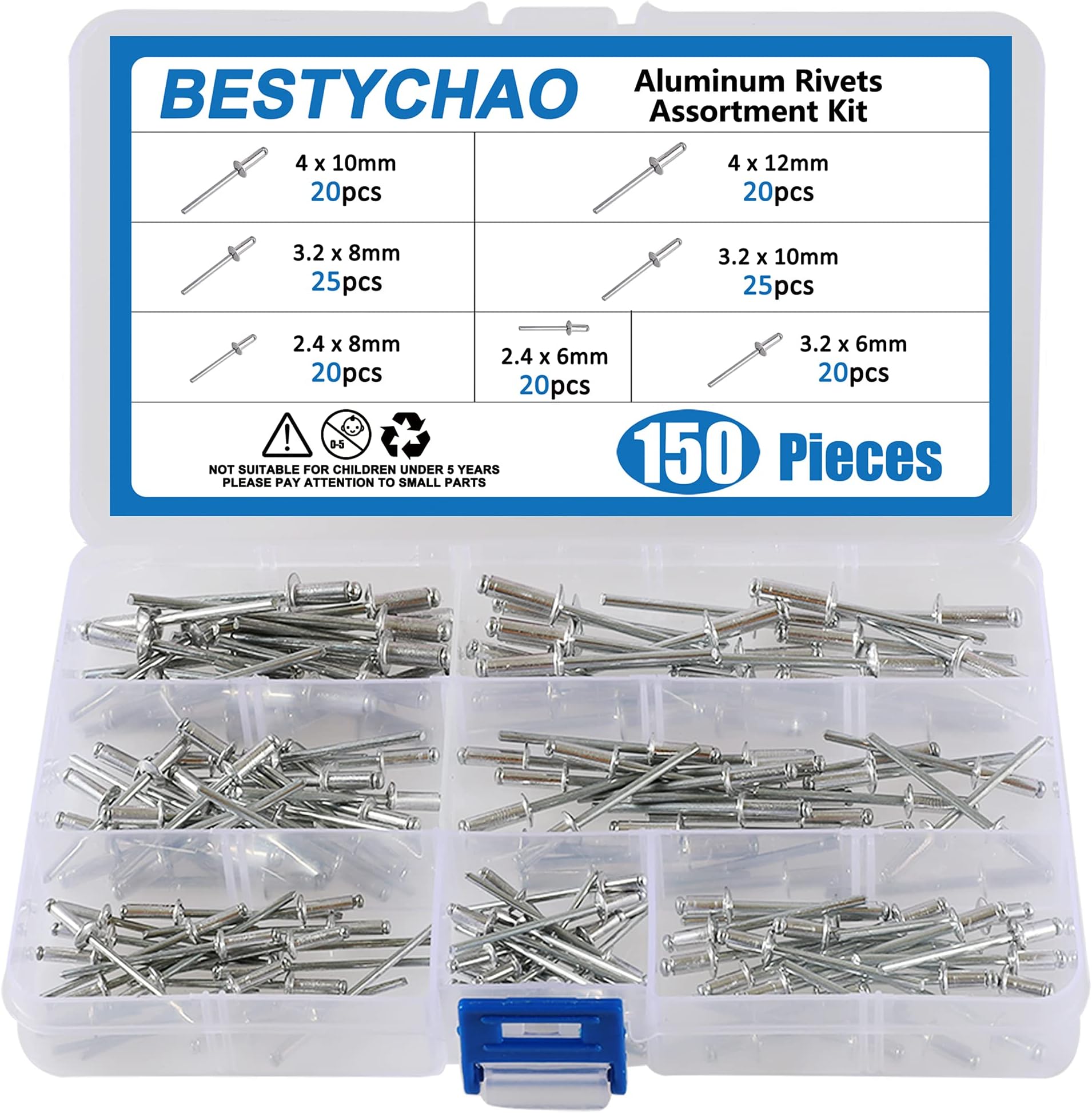 BESTYCHAO 150pcs 7 Sizes Aluminum Blind Rivets, Pop Rivets Assortment Kit