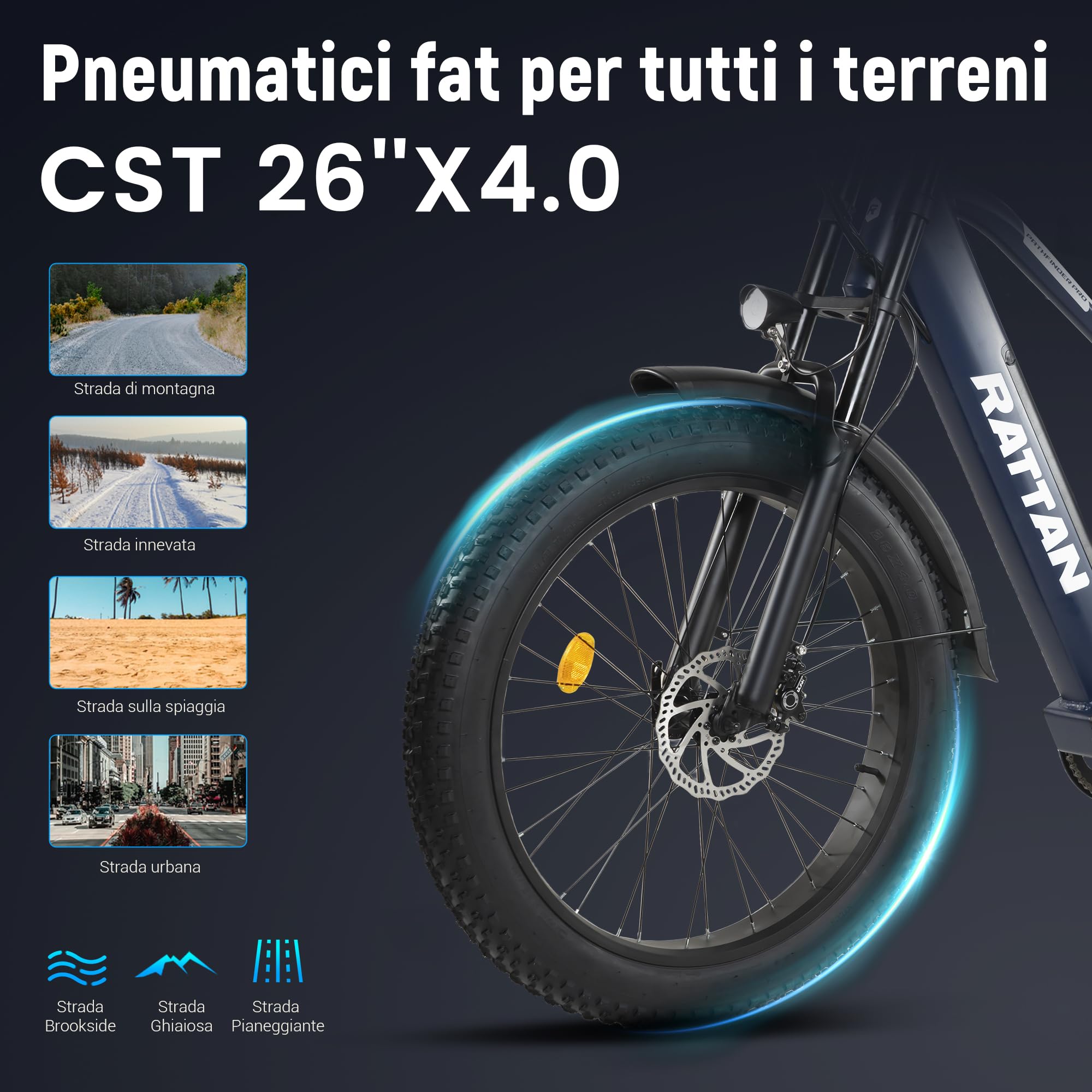 Rattan Pathfinder PRO Bicicletta Elettrica da 26" Fat Tire per Adulti, 48V 18Ah 864Wh, Autonomia Fino a 120km, Freni e Sospensioni Idrauliche, 7 Velocità