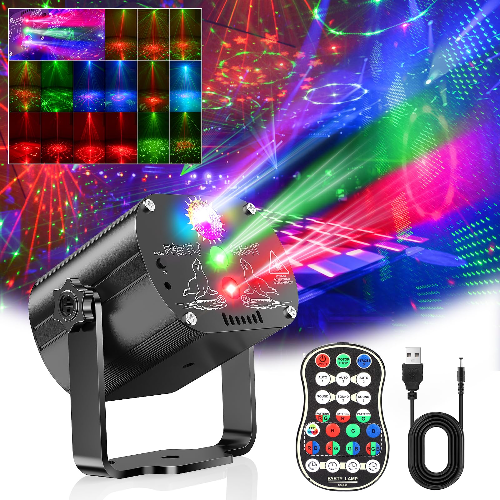 Mini luci discoteca, Luce da luci palla Festa Musicale Controllata7 Diversi Modelli Effetto Strobo luce discoteca Telecomando e USB 2M per Famiglia, Festa Disco Bambini (Nero argento)