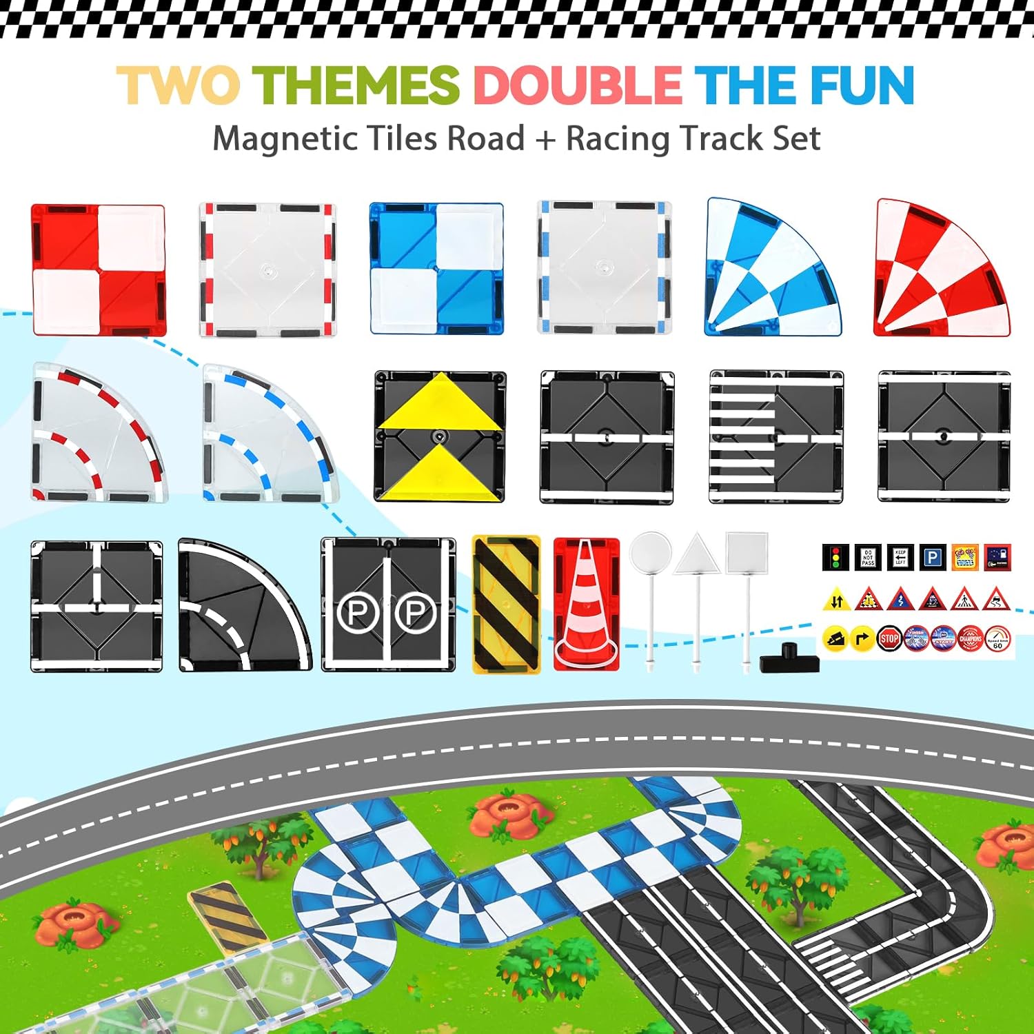 Mruikeny Magnetic Tiles Road Set & Racing Track Expansion Pack, Magnetic Blocks Building Toys for 3+ Year Old Boys Girls, STEM Magnet Toys Magnet Tiles for Toddlers 3-5 4-8