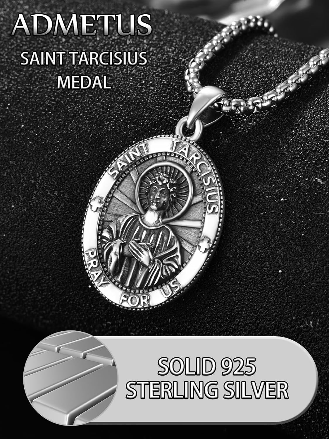 ADMETUS 925 Sterling Silver Patron Saint Medals Amulet Necklace Protection Jewelry for Men with 2.5mm 22"+2" Round Box Chain