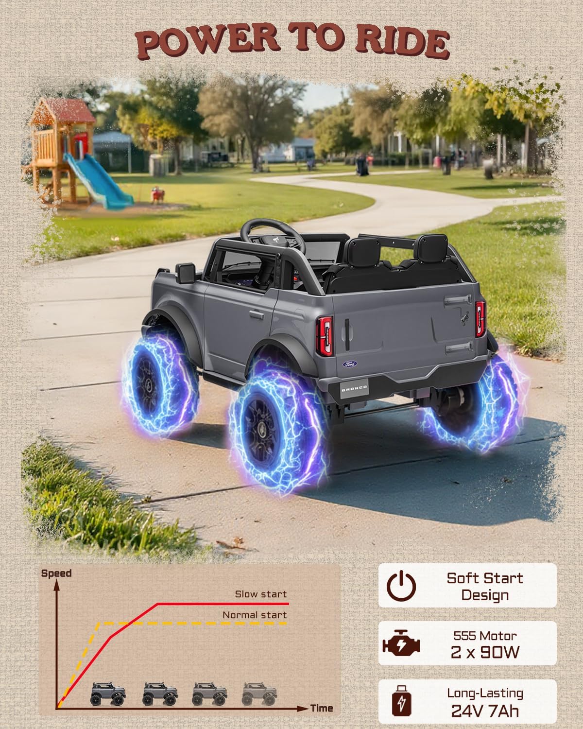 First Ride On Licensed Ford Bronco Base 24V Kids Electric Car, Ride on Toy with Parent Remote Control, Electric Car for Kids with Seat Belts, Bluetooth, Spring Suspension System and LED Light (Gray)