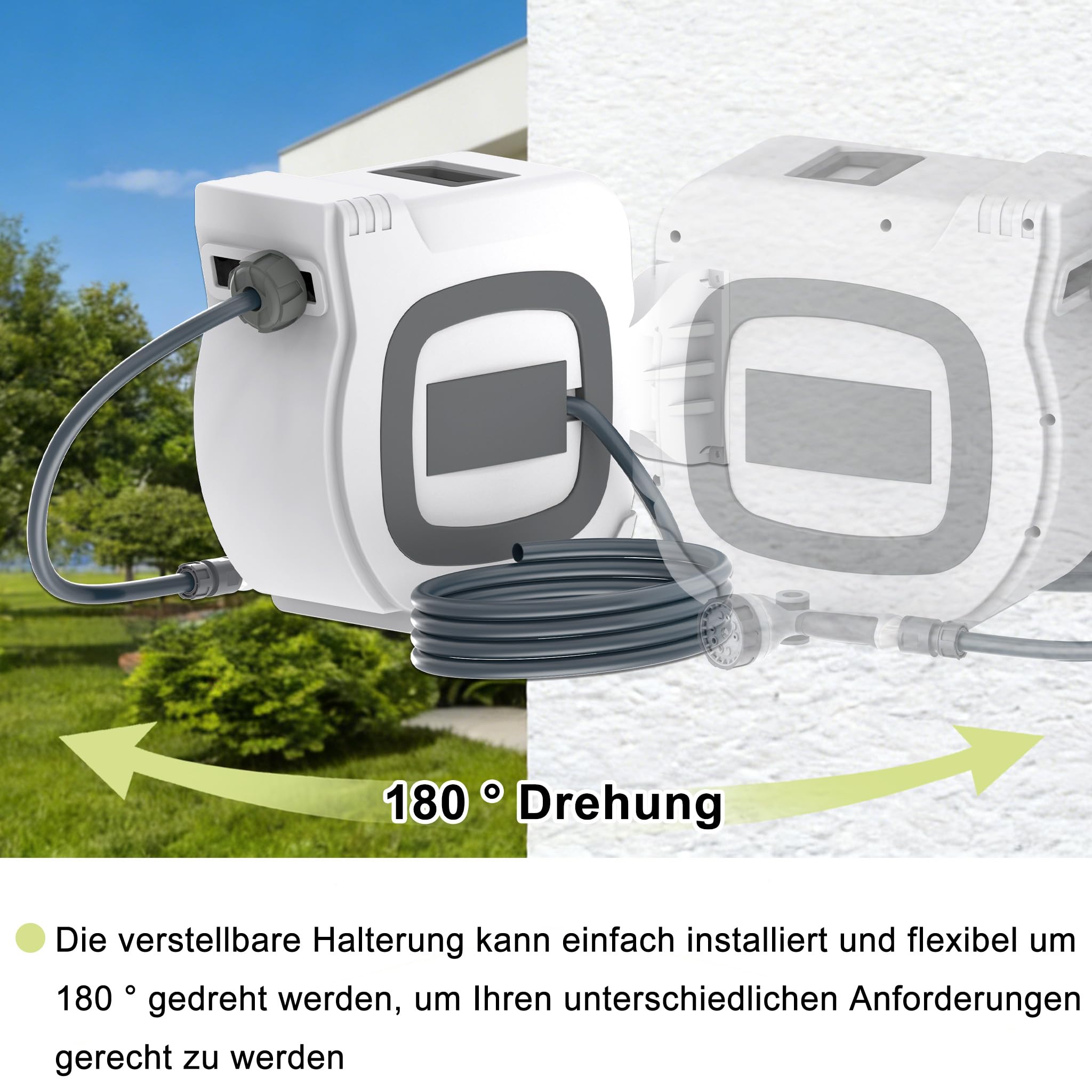 Aufun Wandmontage Schlauchtrommel 30M Gartenschlauch, Weiß | Schlauchaufroller mit Handbrause und Anschlüssen, Automatik-Aufrollung, 180° Schwenkhalterung, 10 Sprühmodi