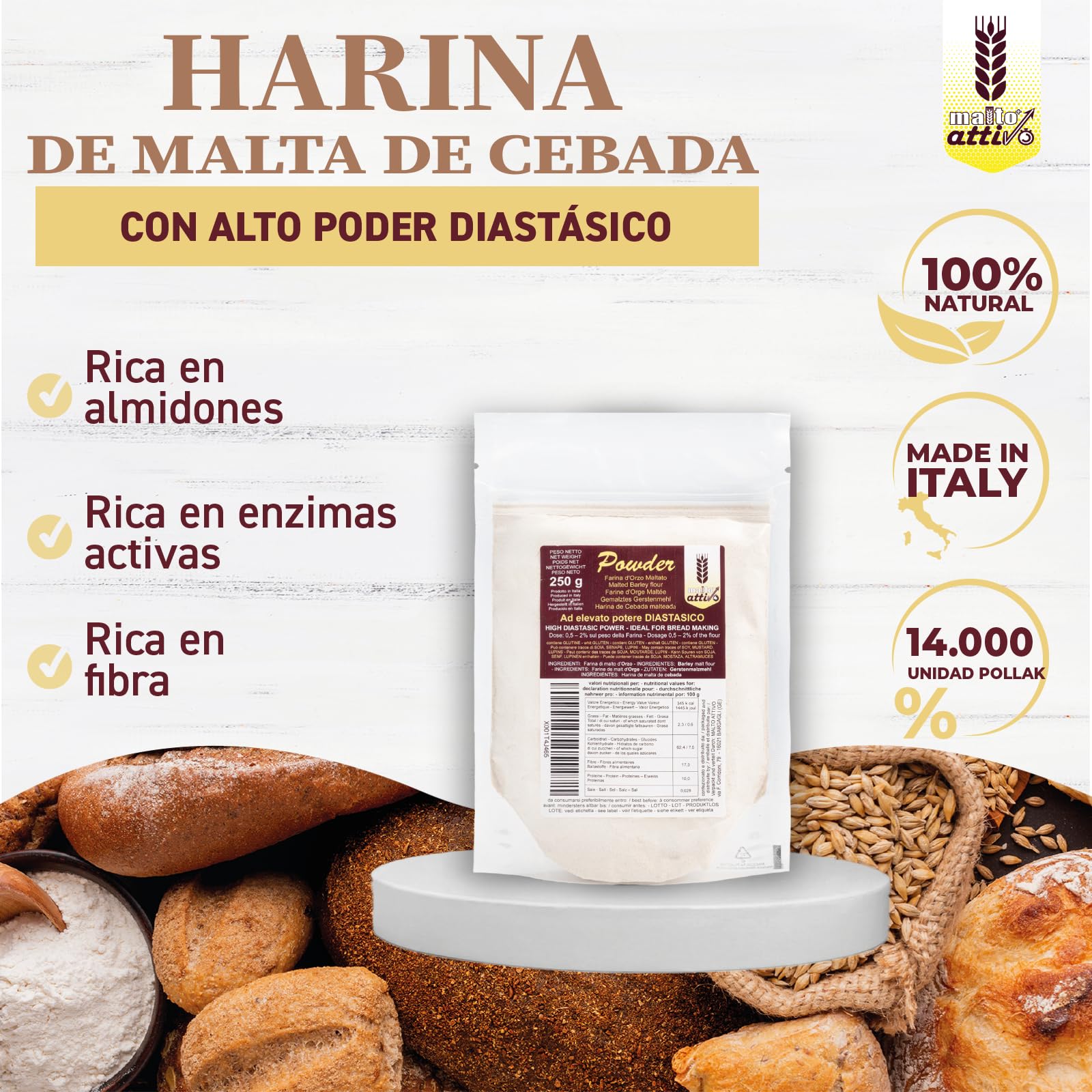 Malto Attivo Powder 250g Harina de Malta de Cebada Elevado Poder Diastásico Malta Diastásica Panificación