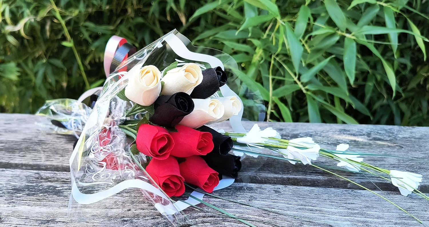 Red, Black and White Wooden Rose Bouquet (1 Dozen)