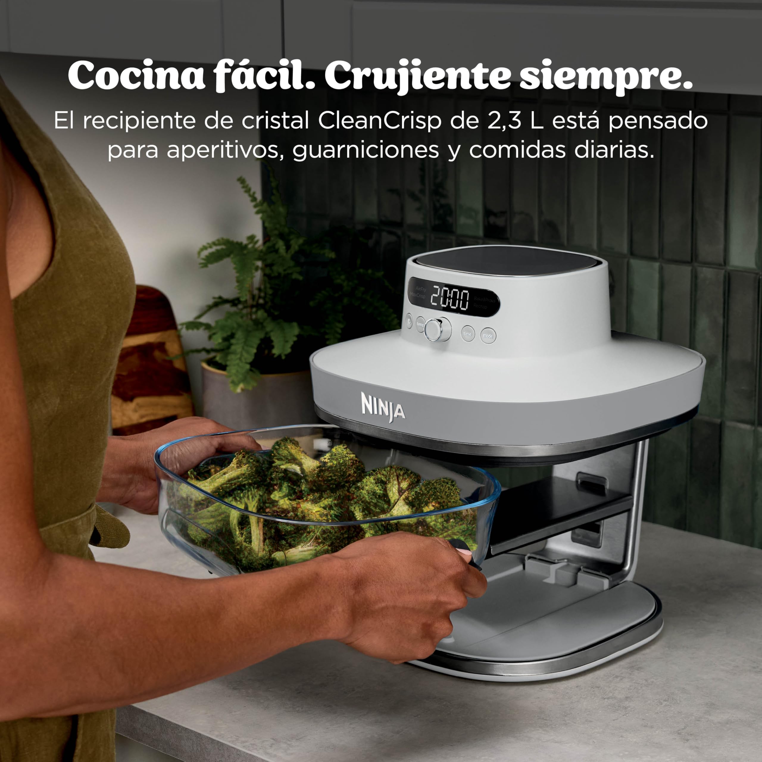 Ninja CRISPi PRO XL Freidora de aire, 5 funciones de cocción predefinidas, recipientes de cocción de cristal CleanCrisp de 5,7 y 2,3 l y tapas para almacenamiento, Blanco AS090EUWH
