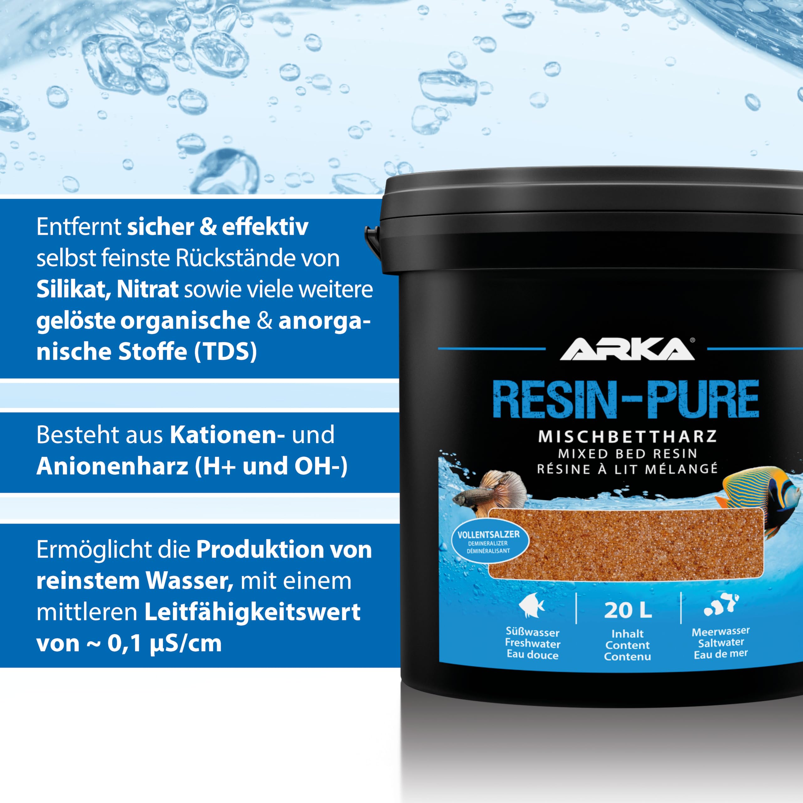 Vollentsalzer Harz 4 L – Mischbettharz für Osmoseanlagen, Resinfilter & Reinstwasser – gegen TDS, Silikat, Nitrat & Phosphat – für Meerwasser- und Süßwasseraquarien – ARKA Resin-Pure