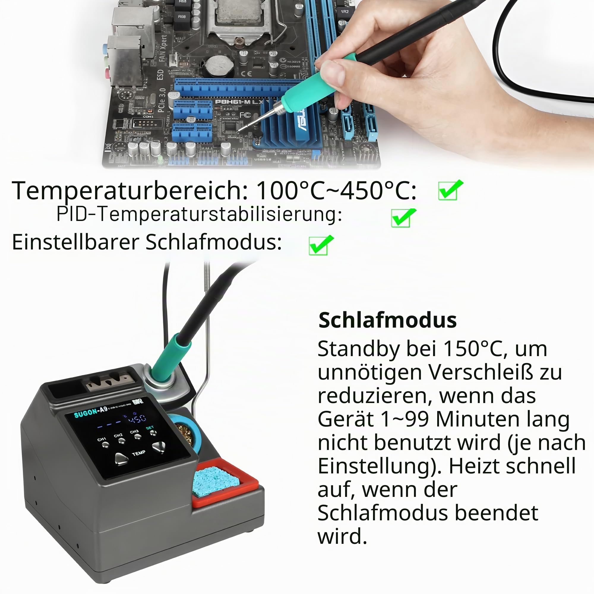 SUGON A9 Lötstation Kompatibel Original Lötkolbenspitze 210/245/115 Griff Bleifreie Elektronische Lötnacharbeitsstation (210+3 Spitzen)