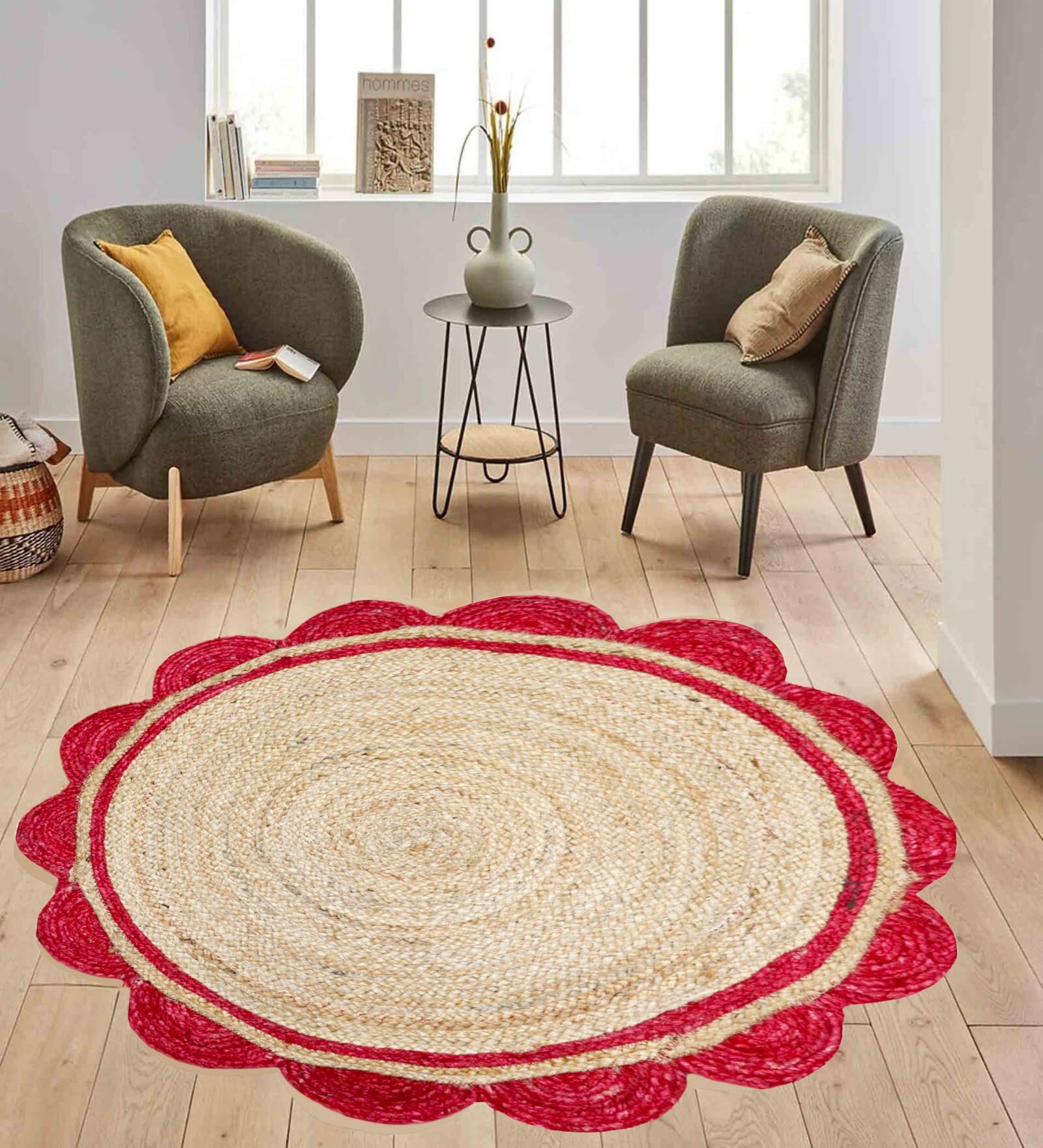 Tapis indien en jute naturelle tressé à la main avec motif festonné rouge pour salle à manger, chambre à coucher, salon, rond, 150 x 150 cm